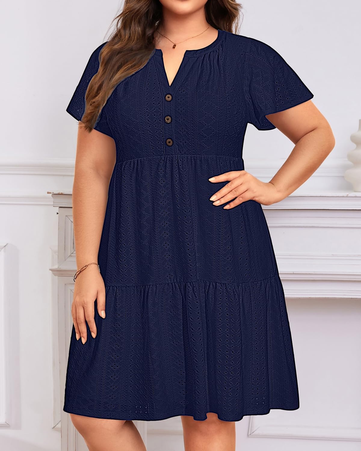 Plus Size Summer Dress Casual Short Sleeve Button Midi Sun Dresses Women(Navy Blue Eyelet)