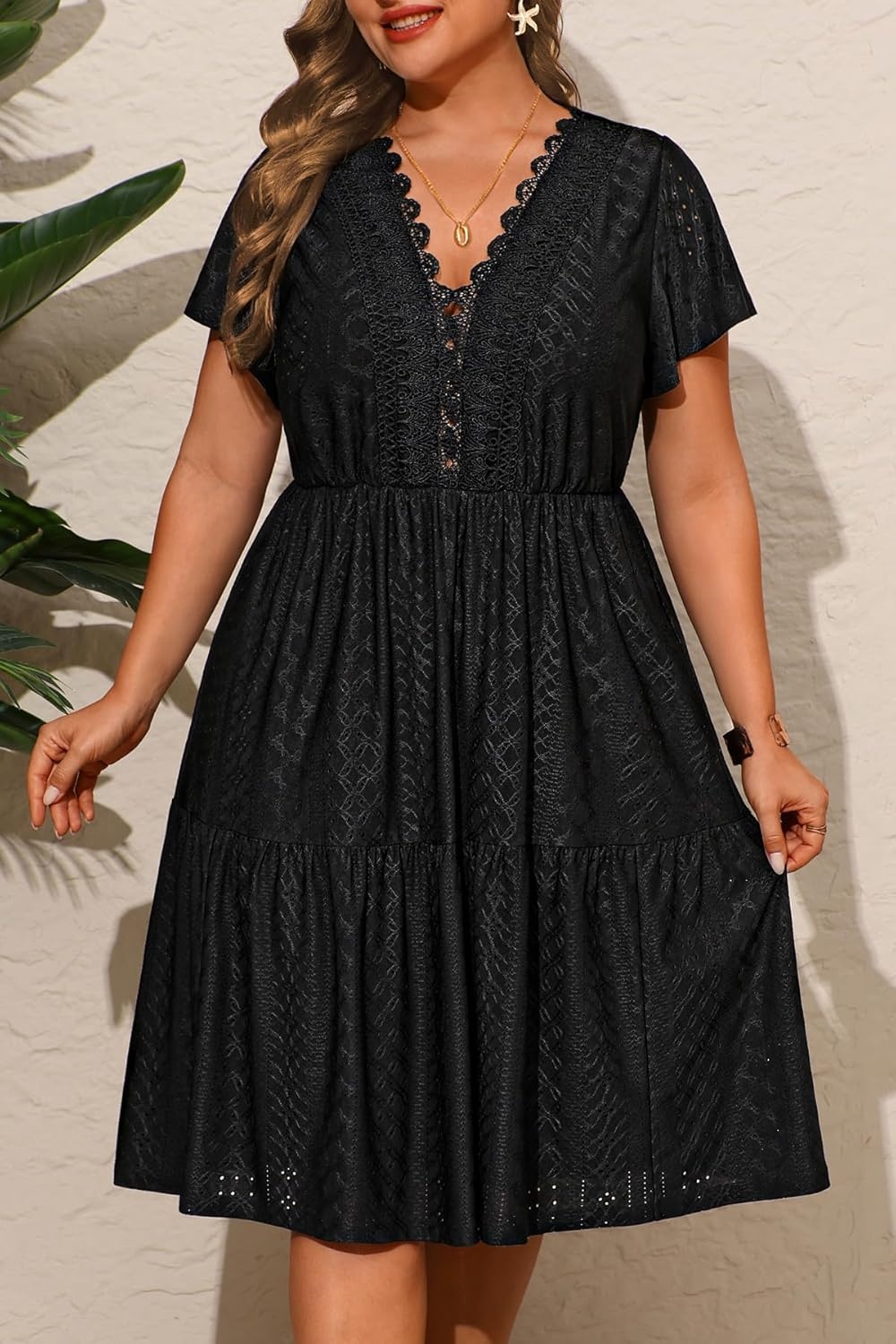 Plus Size Summer Dress – Casual Boho Sundress Eyelet Lace V Neck Short Sleeve Tiered A-Line Midi Flowy Sun Dresses Women(Black Eyelet)
