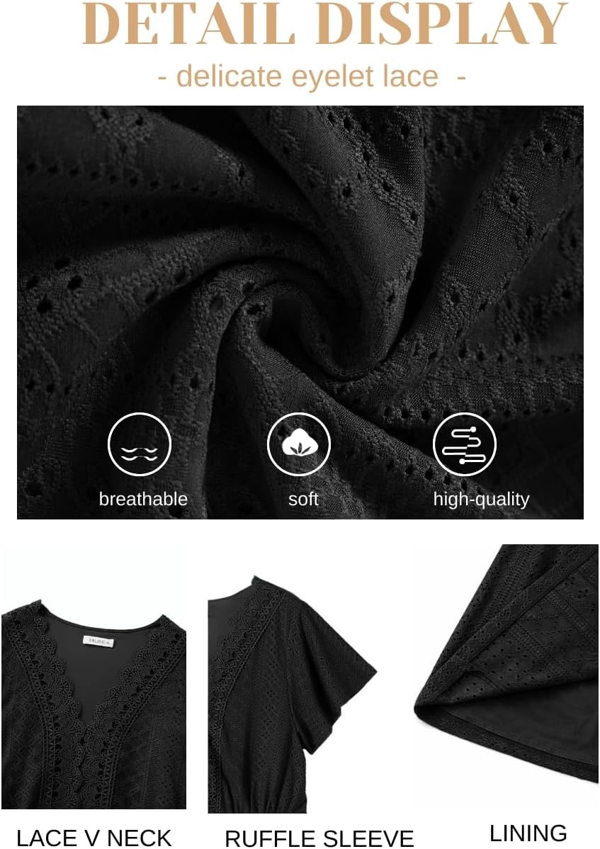 Plus Size Summer Dress – Casual Boho Sundress Eyelet Lace V Neck Short Sleeve Tiered A-Line Midi Flowy Sun Dresses Women(Black Eyelet)