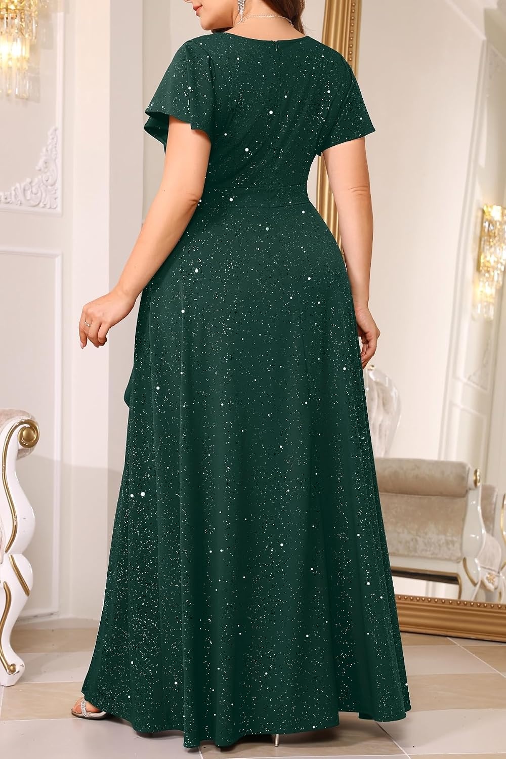 Talisea Plus Size Formal Dresses – V Neck Ruffle Sleeve High Slit Prom Cocktail Wedding Guest Evening Party Gown Dress(Sparkly Green)