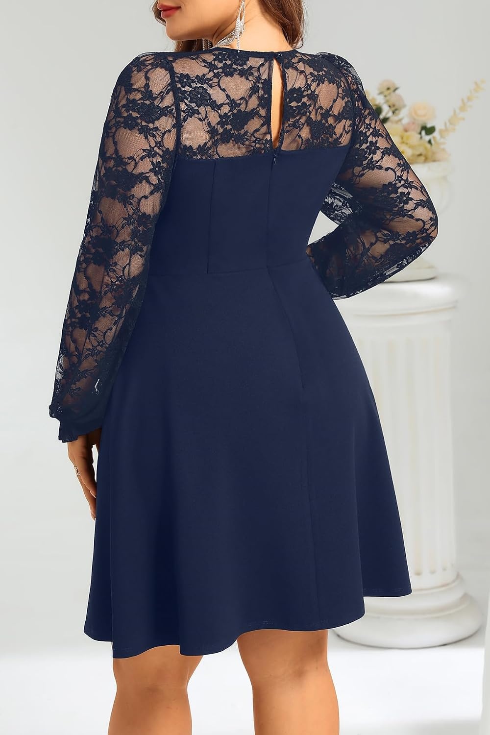 Plus Size Cocktail Dress Black Lace Long Sleeve Short A Line Dresses Women(Navy Blue Long Sleeve)