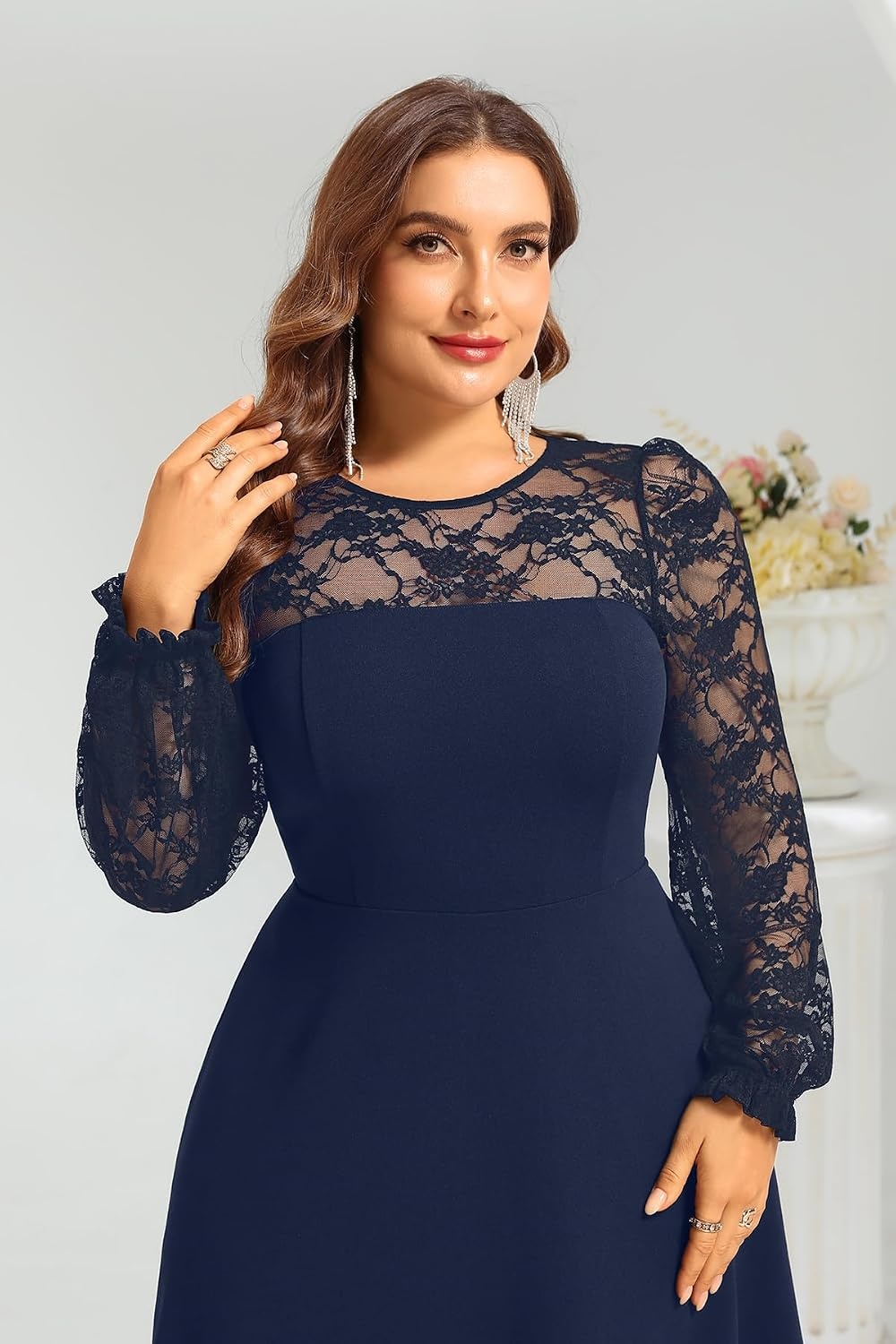 Plus Size Cocktail Dress Black Lace Long Sleeve Short A Line Dresses Women(Navy Blue Long Sleeve)