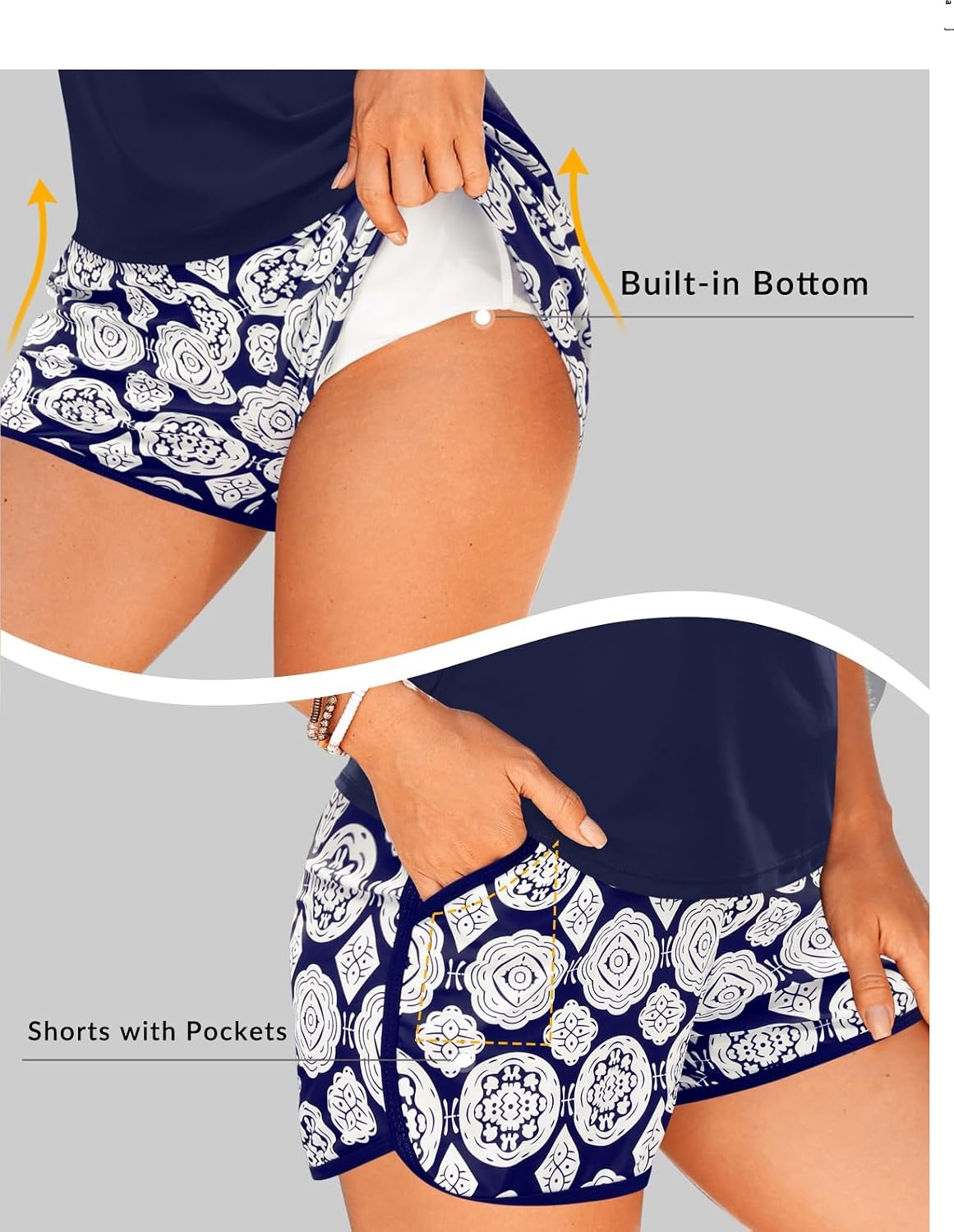 Talisea 3 Piece Tankini with Shorts – Tummy Control Swimsuit Bathing Suits(Navy Geometry)