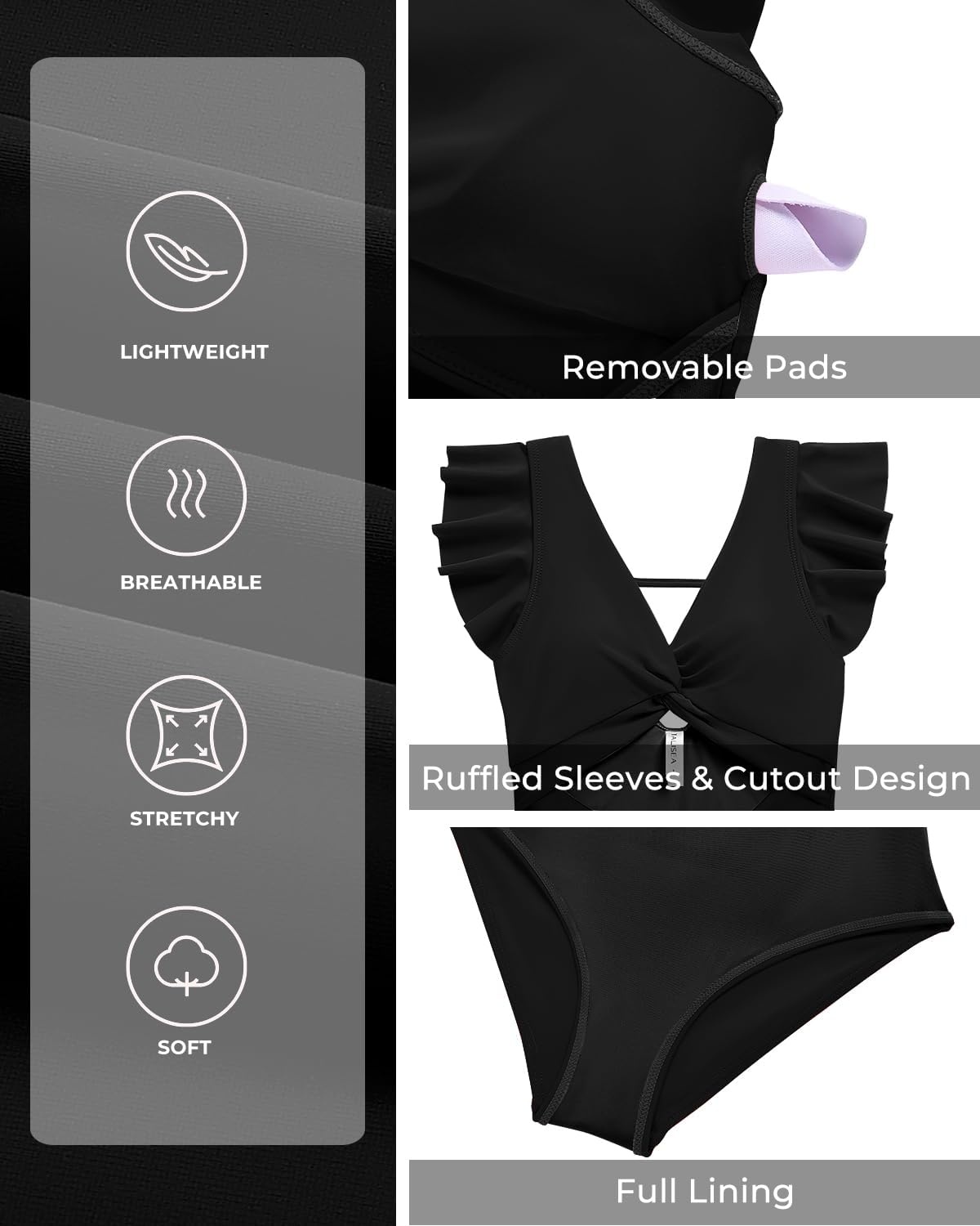 Talisea Women’s One Piece Swimsuit Ruffle Swimsuit with Sleeves Cutout Bathing Suit Slimming Tummy Control V Neck Swimwear(Black)
