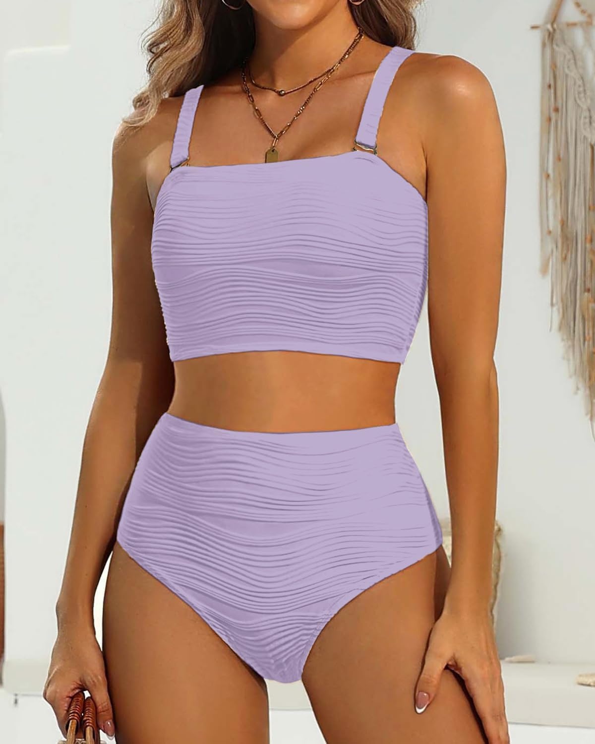 High Waisted Bandeau Bikini Set – Ribbed Strapless Two Piece Swimsuit | Secure bandeau top with straps. High waist bottom for comfortable coverage. Full coverage back for confident wear.(Purple)