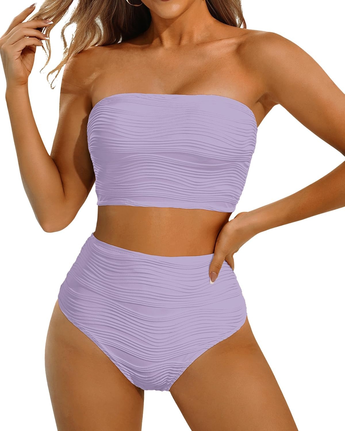 High Waisted Bandeau Bikini Set – Ribbed Strapless Two Piece Swimsuit | Secure bandeau top with straps. High waist bottom for comfortable coverage. Full coverage back for confident wear.(Purple)