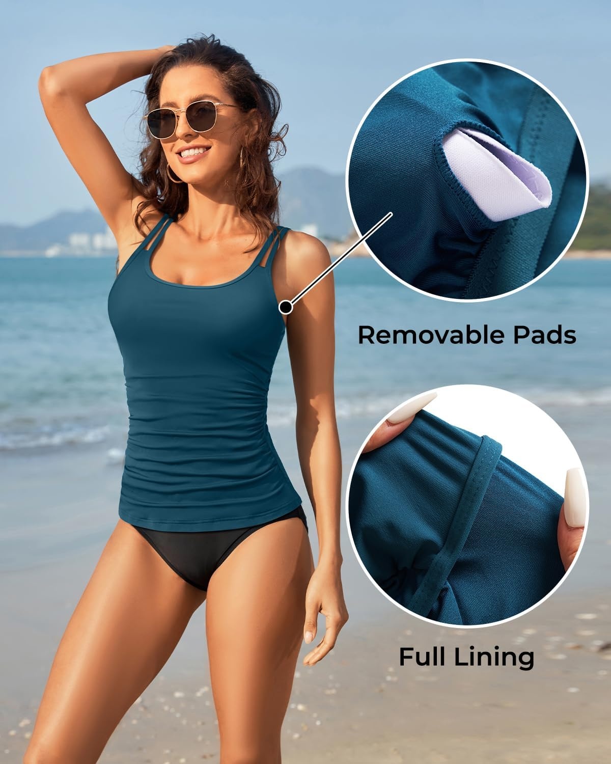 Women Tankini Swim Top Only – Tummy Control Swimsuit Bathing Suit Top (Available in Plus)(Teal)