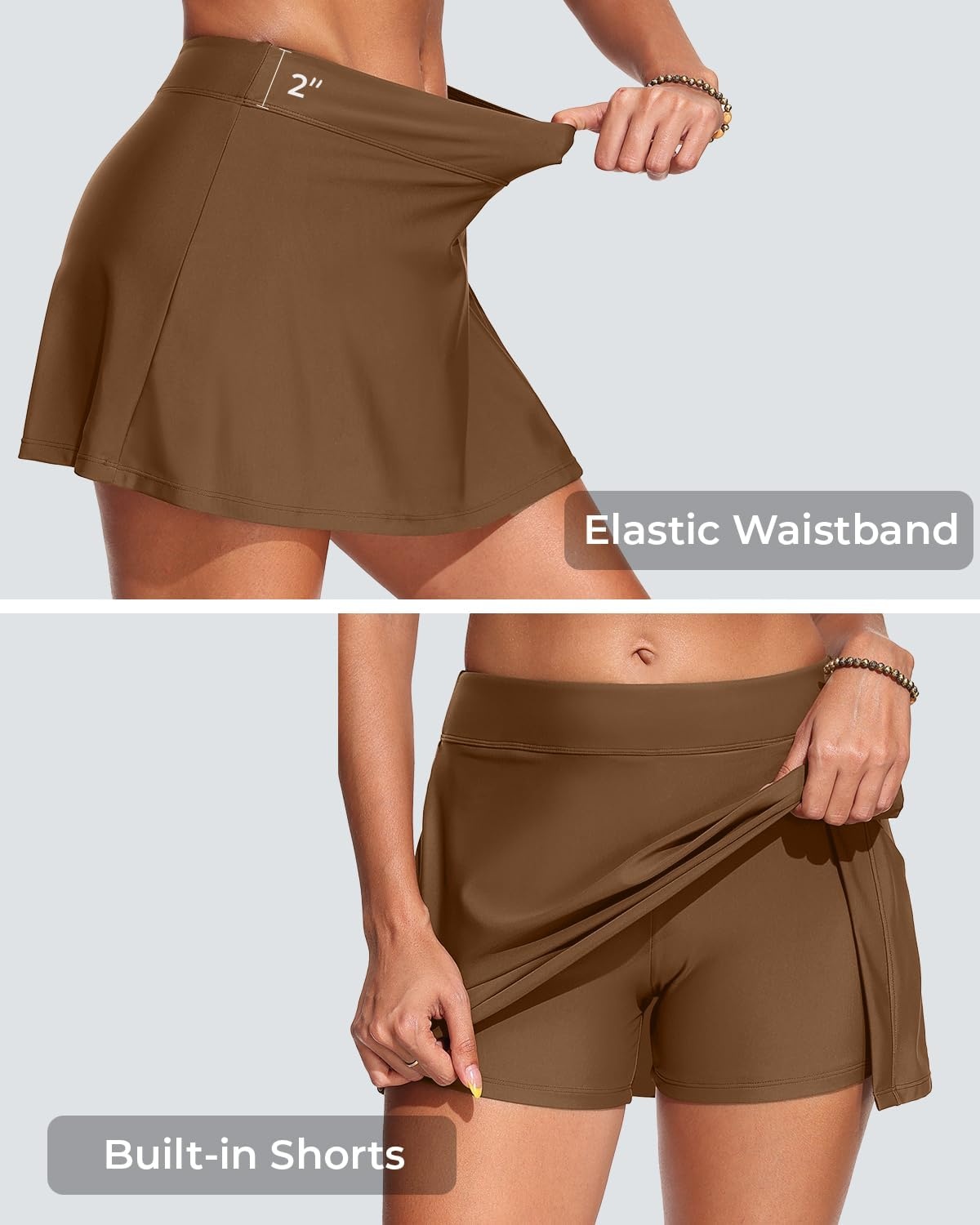 Womens Mid Rise Swim Skirt – Bathing Suit Skirt with Built-in Shorts Split Skort Swimsuit Bottoms Swimwear 2025(Brown)