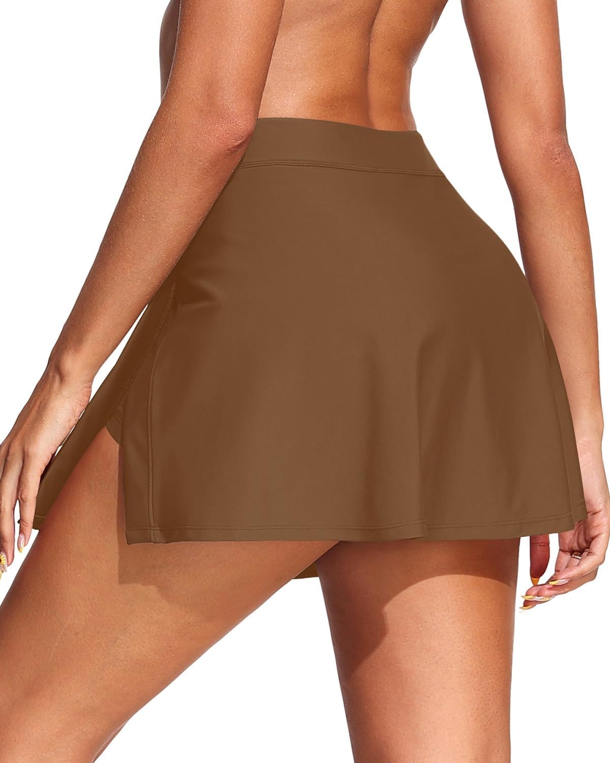 Womens Mid Rise Swim Skirt – Bathing Suit Skirt with Built-in Shorts Split Skort Swimsuit Bottoms Swimwear 2025(Brown)