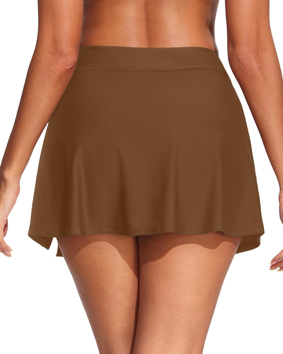 Womens Mid Rise Swim Skirt – Bathing Suit Skirt with Built-in Shorts Split Skort Swimsuit Bottoms Swimwear 2025(Brown)