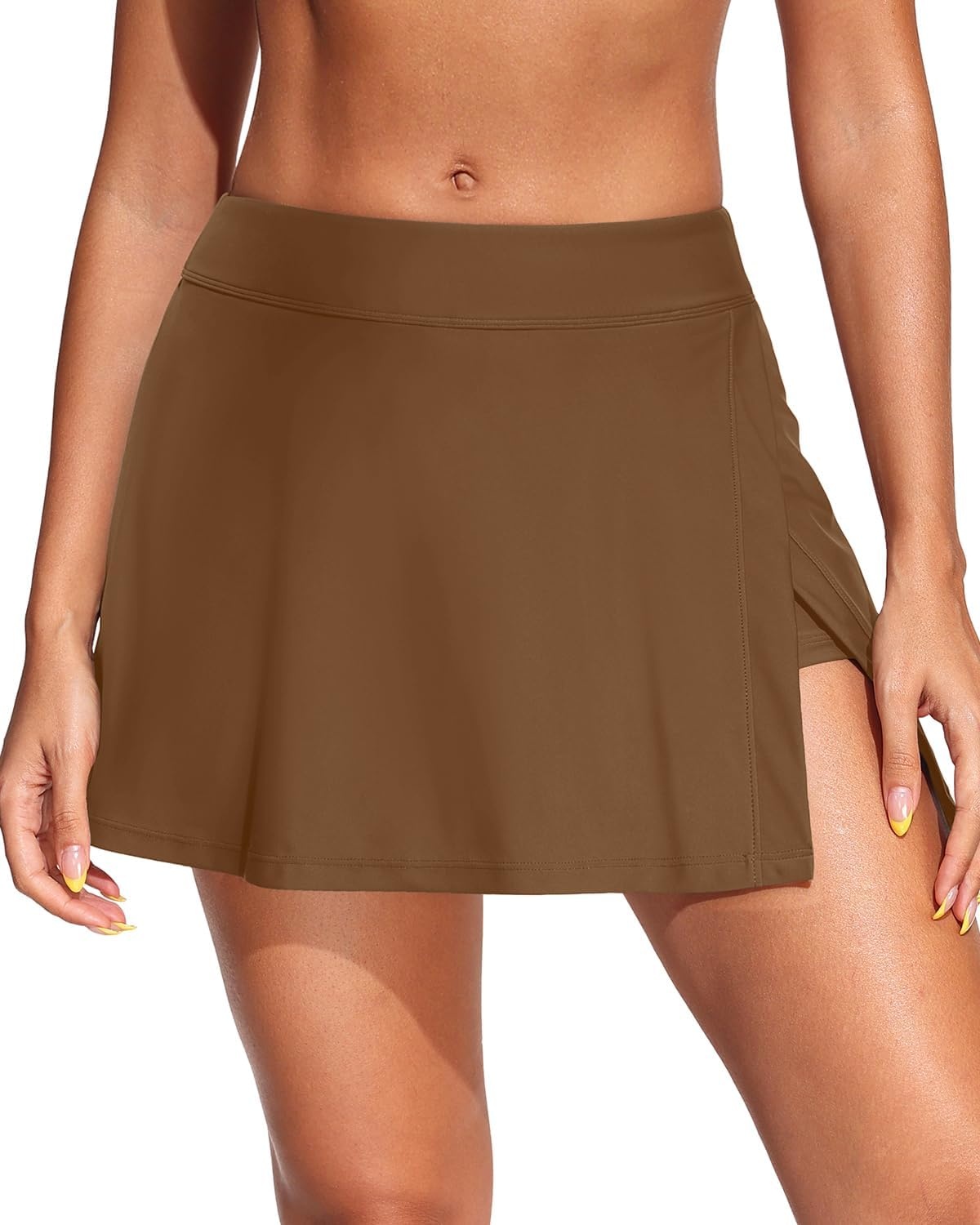 Womens Mid Rise Swim Skirt – Bathing Suit Skirt with Built-in Shorts Split Skort Swimsuit Bottoms Swimwear 2025(Brown)