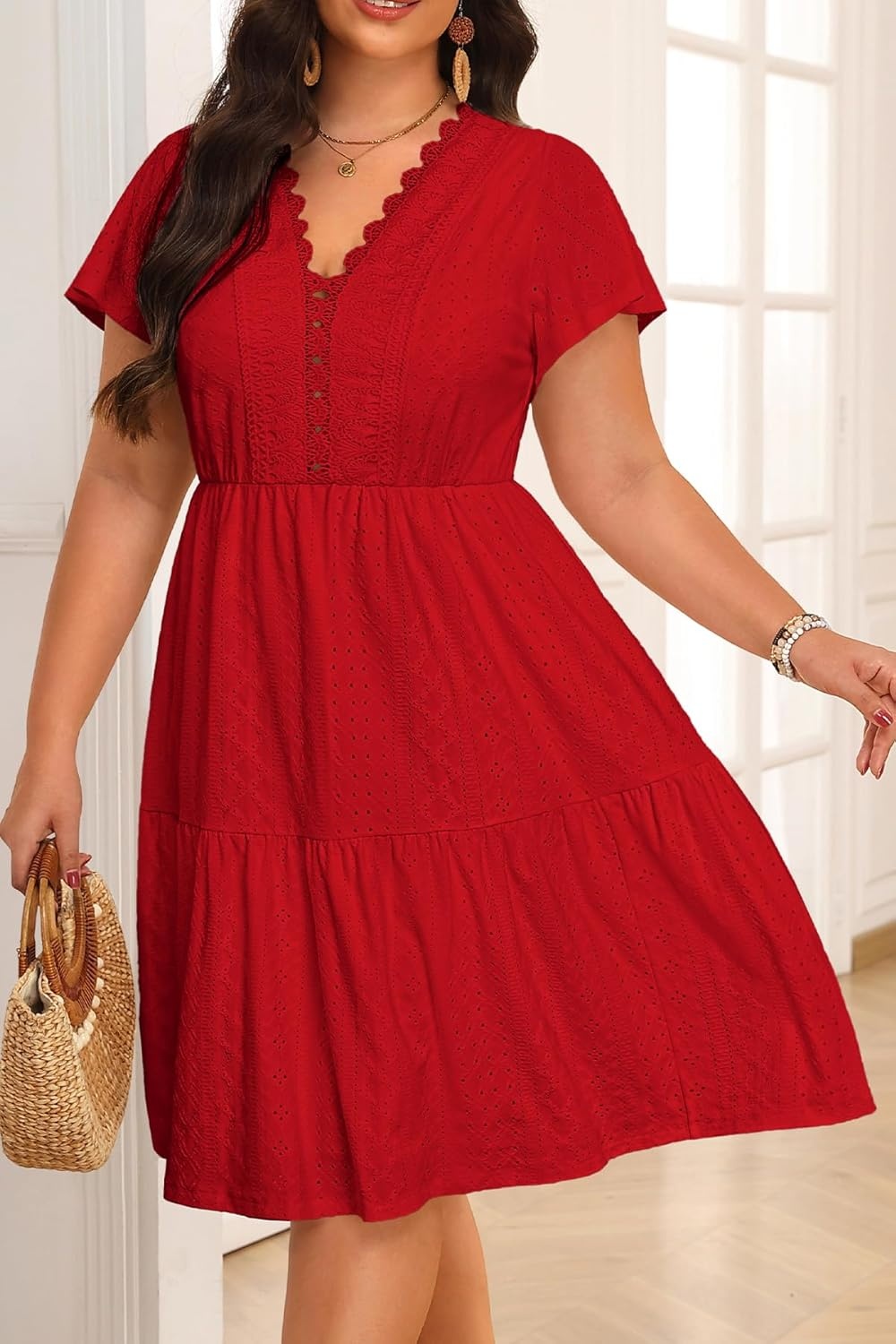 Plus Size Summer Dress – Casual Boho Sundress Eyelet Lace V Neck Short Sleeve Tiered A-Line Midi Flowy Sun Dresses Women(Red Eyelet)