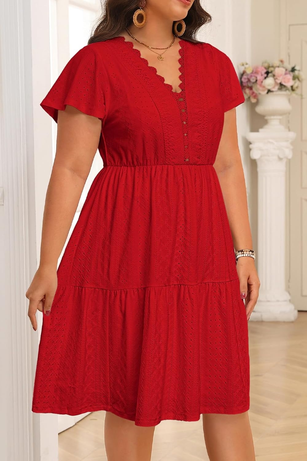 Plus Size Summer Dress – Casual Boho Sundress Eyelet Lace V Neck Short Sleeve Tiered A-Line Midi Flowy Sun Dresses Women(Red Eyelet)