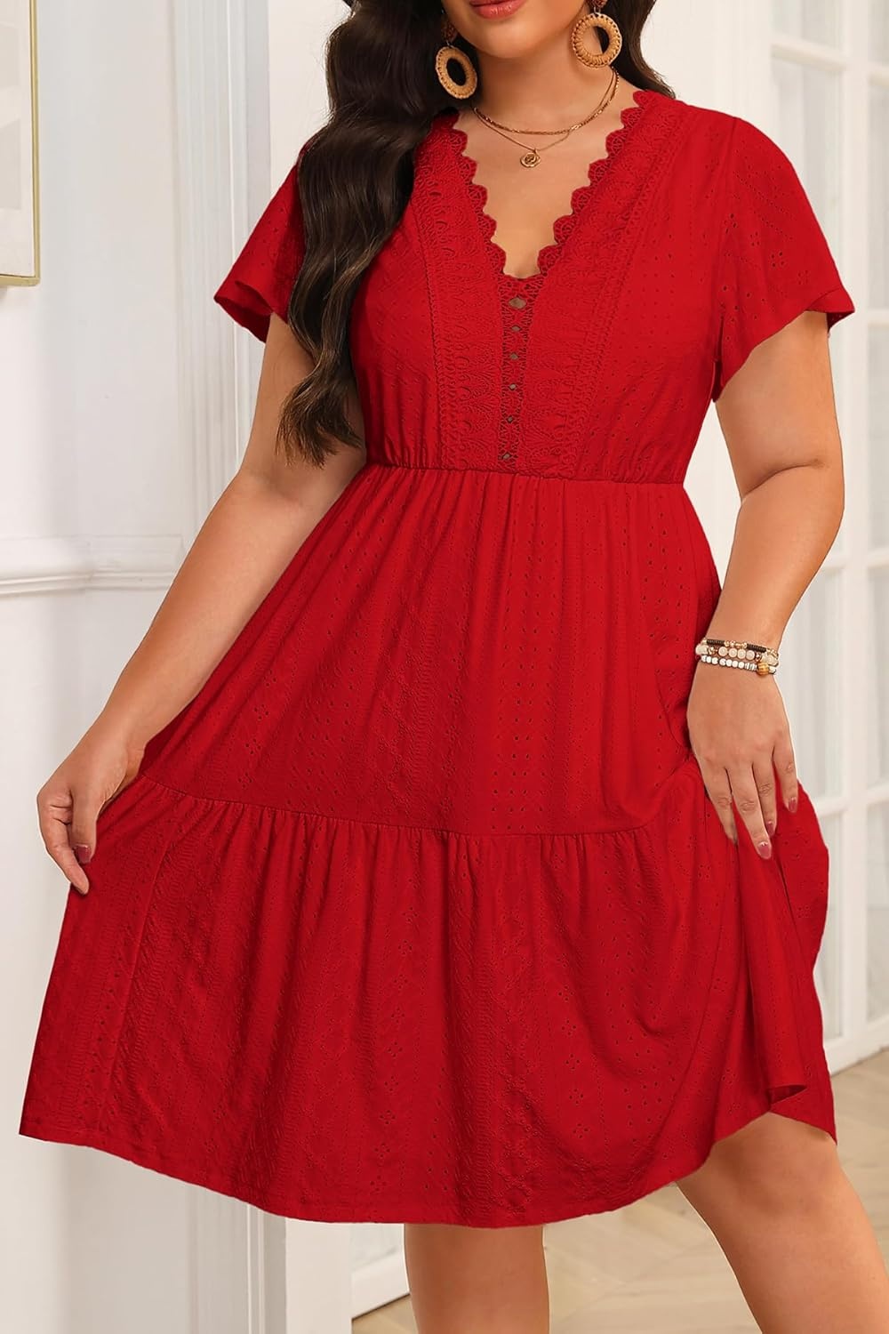 Plus Size Summer Dress – Casual Boho Sundress Eyelet Lace V Neck Short Sleeve Tiered A-Line Midi Flowy Sun Dresses Women(Red Eyelet)