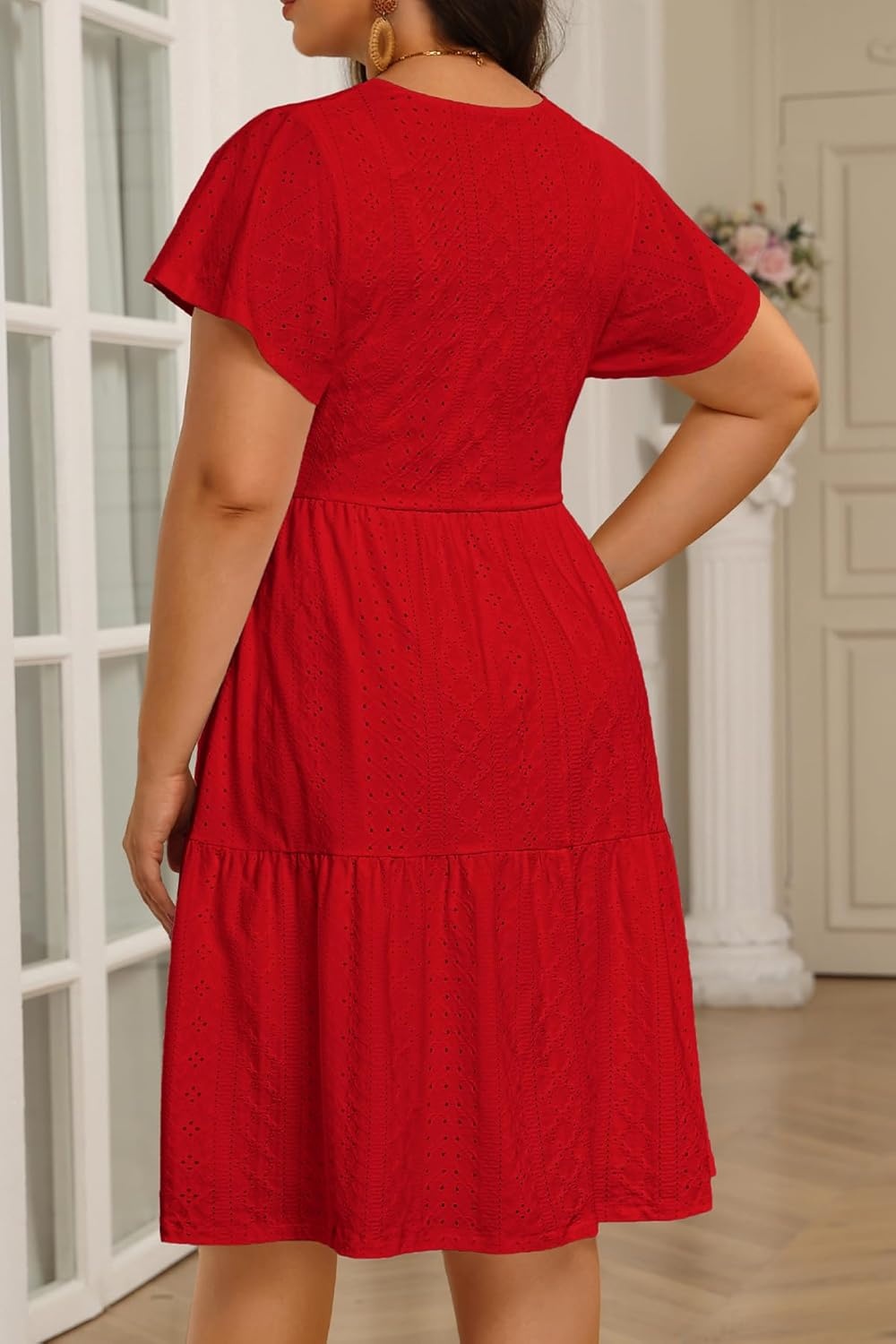 Plus Size Summer Dress – Casual Boho Sundress Eyelet Lace V Neck Short Sleeve Tiered A-Line Midi Flowy Sun Dresses Women(Red Eyelet)