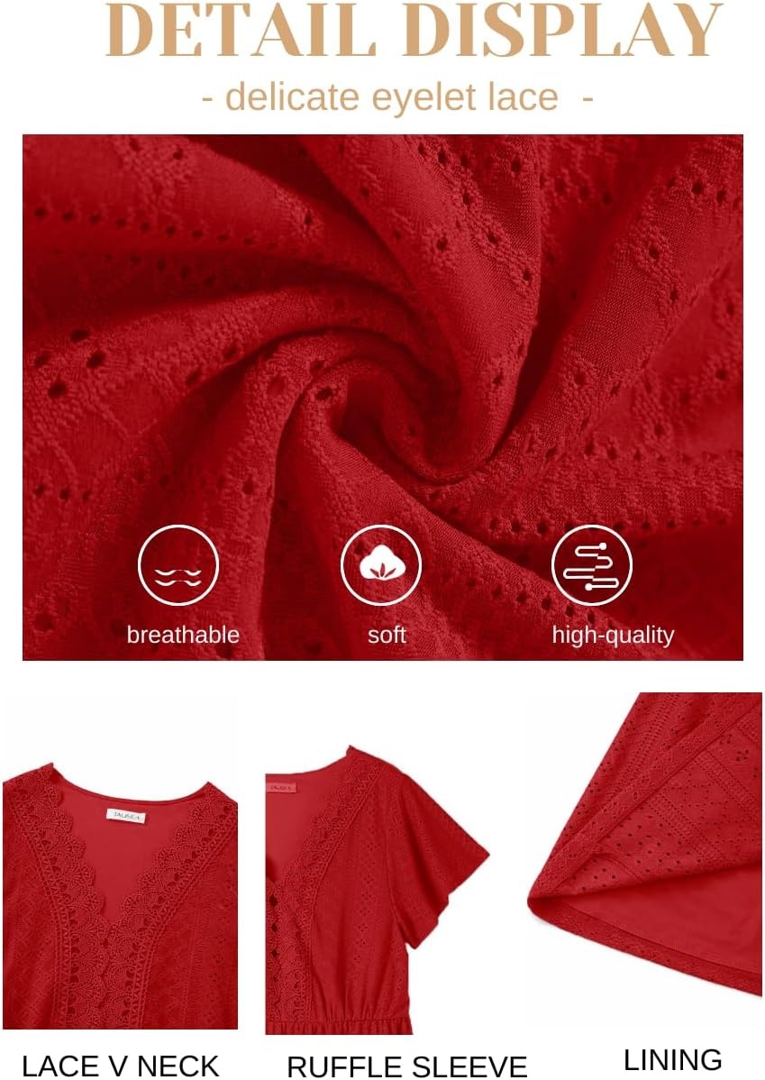 Plus Size Summer Dress – Casual Boho Sundress Eyelet Lace V Neck Short Sleeve Tiered A-Line Midi Flowy Sun Dresses Women(Red Eyelet)