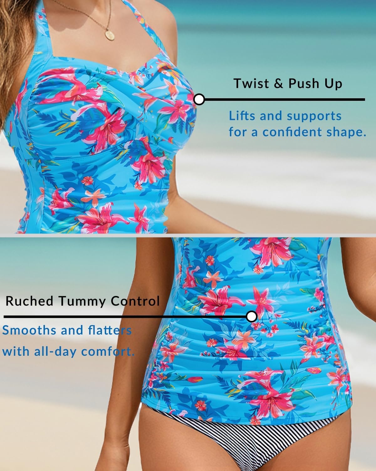 Women Tankini Bathing Suit Top – Halter Swim Tops Only Tummy Control No Bottom Swimwear(Blue Floral)
