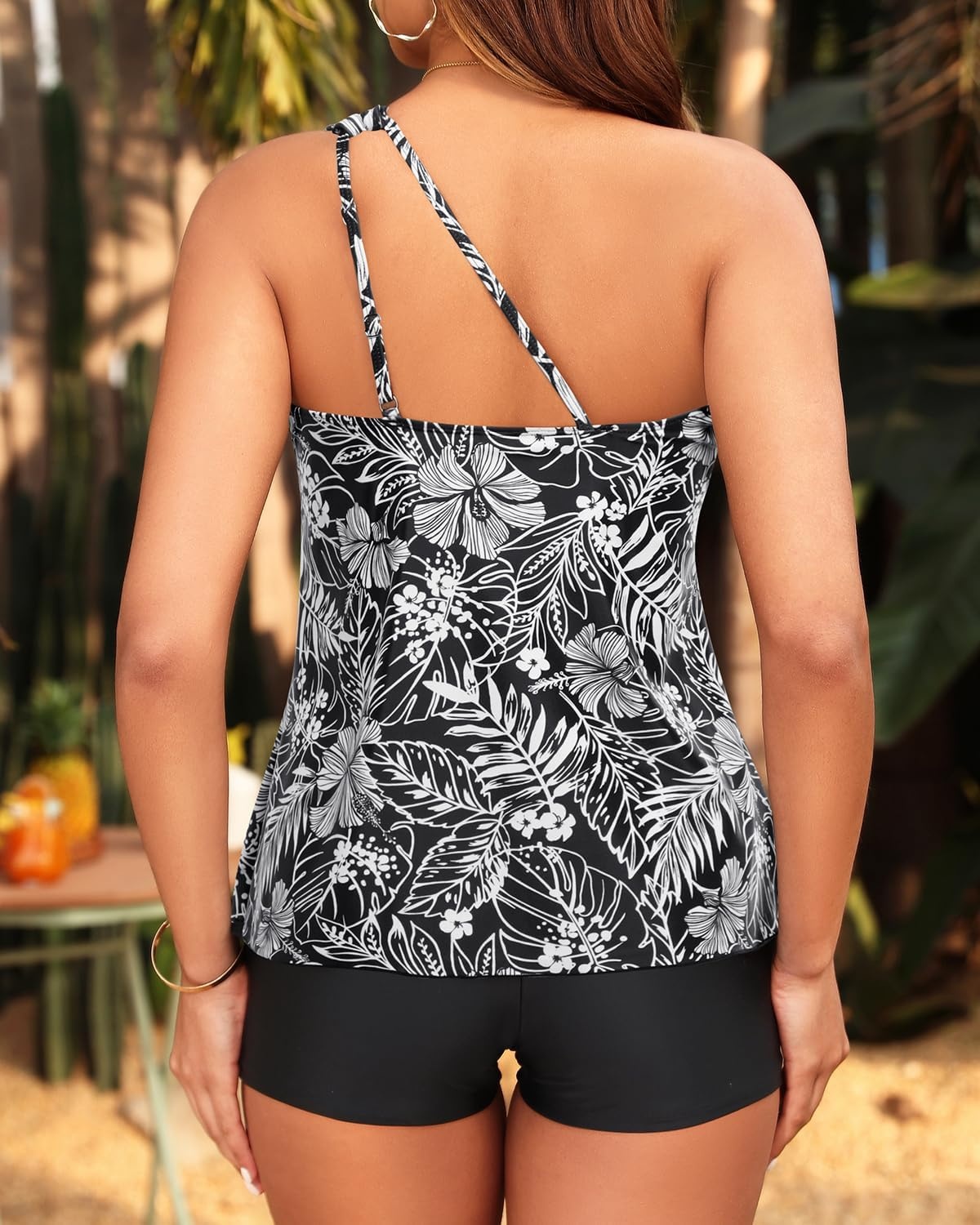Women Tankini with Shorts – Two Piece Bathing Suits One Shoulder Tummy Control Swimsuit 2025 Flowy Swimwear(Black Flower)