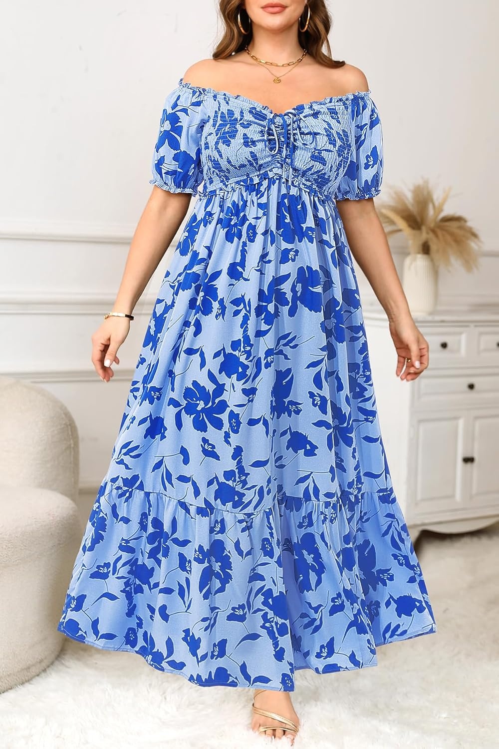 Plus Size Sun Dresses Women – Summer Off the Shoulder Puff Sleeve A Line Boho Maxi Flow Long Dress 2025(Blue Floral)