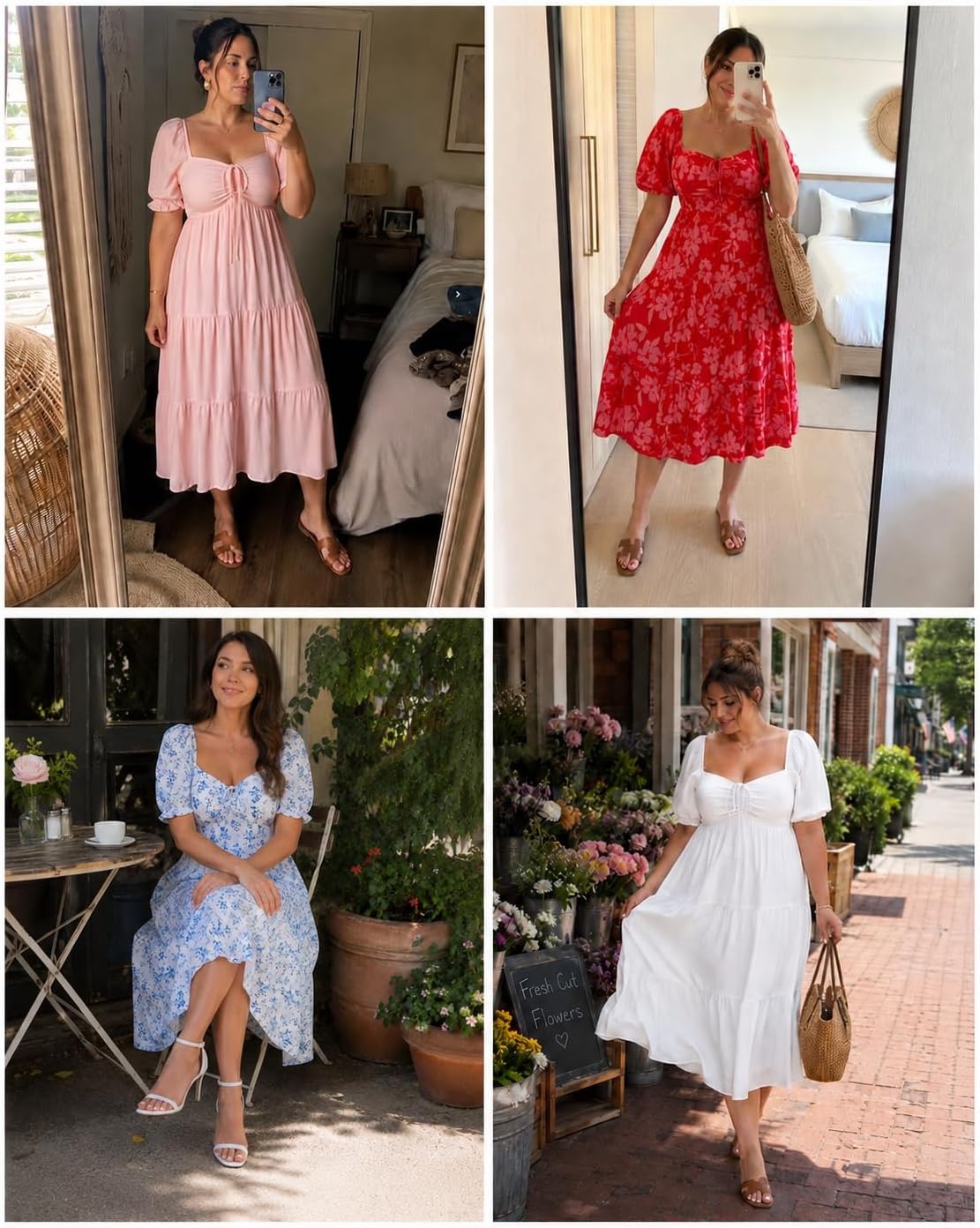 Plus Size Summer Dresses – Sweetheart Neck Drawstring Puff Sleeve Casual Tiered Aline Flowy Midi Dress(Blue Floral)