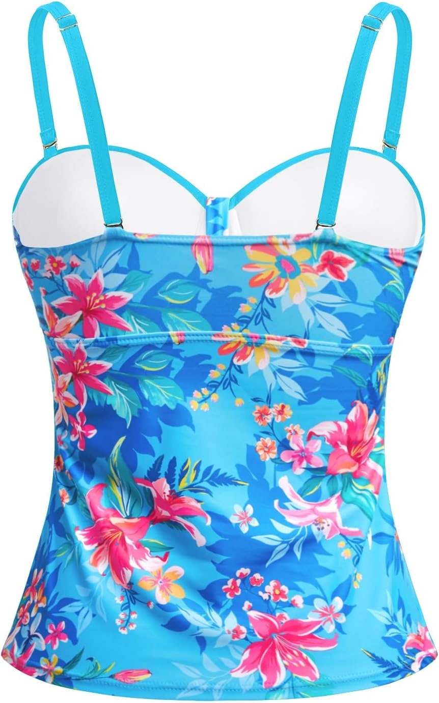 Women’s Underwire Tummy Control Swimsuit Top Push Up Bathing Suit Top(Blue Floral)