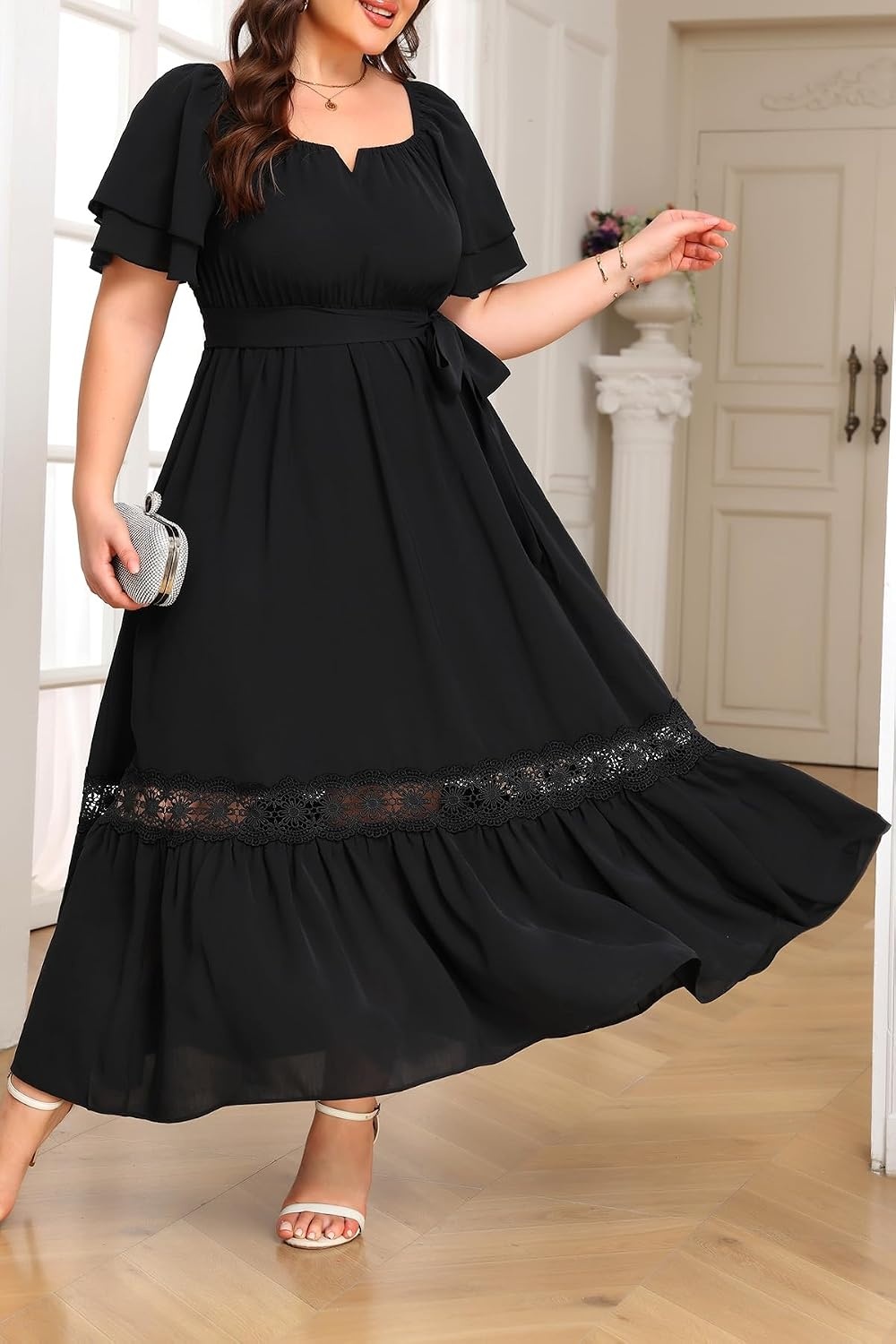 Talisea Plus Size Wedding Guest Dress Square Neck Flutter Sleeve Maxi Dress(Black)