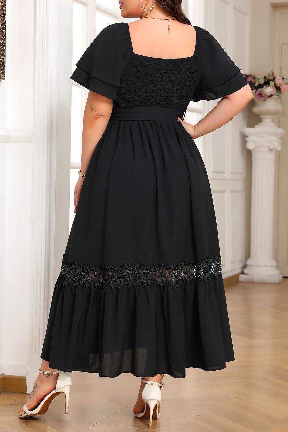Talisea Plus Size Wedding Guest Dress Square Neck Flutter Sleeve Maxi Dress(Black)
