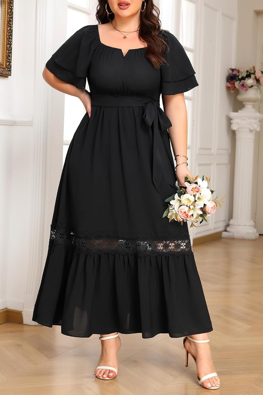 Talisea Plus Size Wedding Guest Dress Square Neck Flutter Sleeve Maxi Dress(Black)