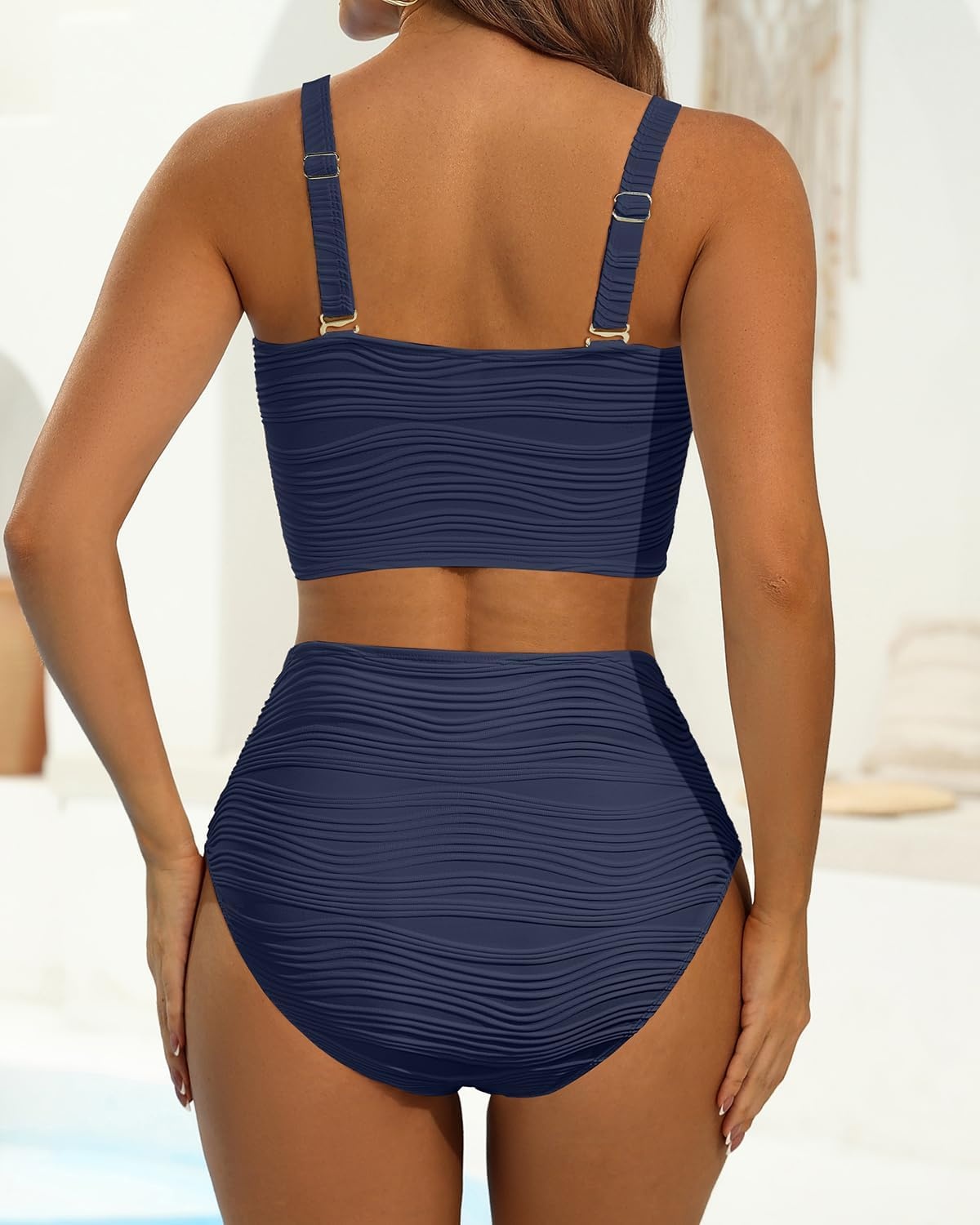High Waisted Bandeau Bikini Set – Ribbed Strapless Two Piece Swimsuit | Secure bandeau top with straps. High waist bottom for comfortable coverage. Full coverage back for confident wear.(Navy Blue)