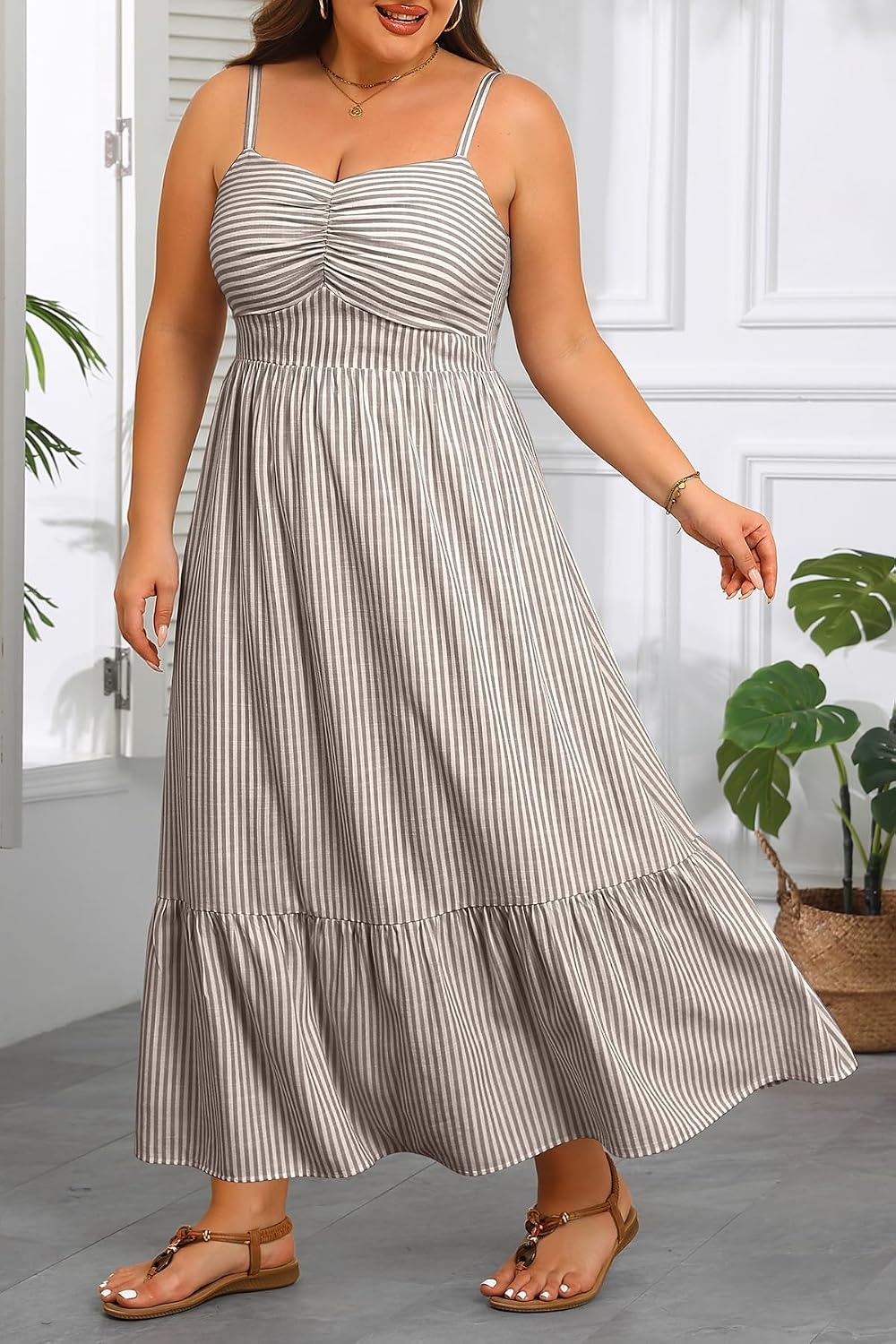 Plus Size Maxi Dress Summer Casual Striped Spaghetti Strap Long Sundress | Plus Size Summer Maxi Dresses Curvy Women Casual Striped Spaghetti Strap Long Dress Flowy Sleeveless Beach Vacation Sundress(Brown and White)
