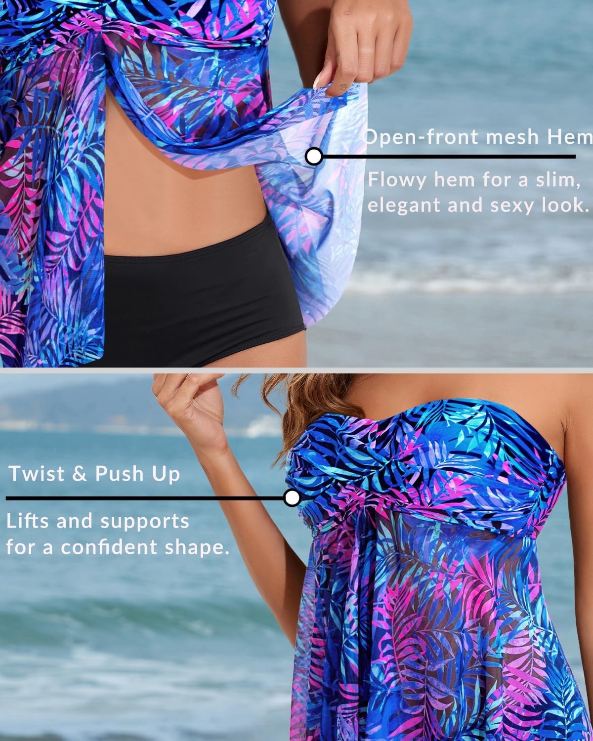 Talisea Women Bandeau Tankini Top Only Mesh Strapless Swimsuits Top Halter Flyaway Bathing Suits No Bottom(Purple Leaves)