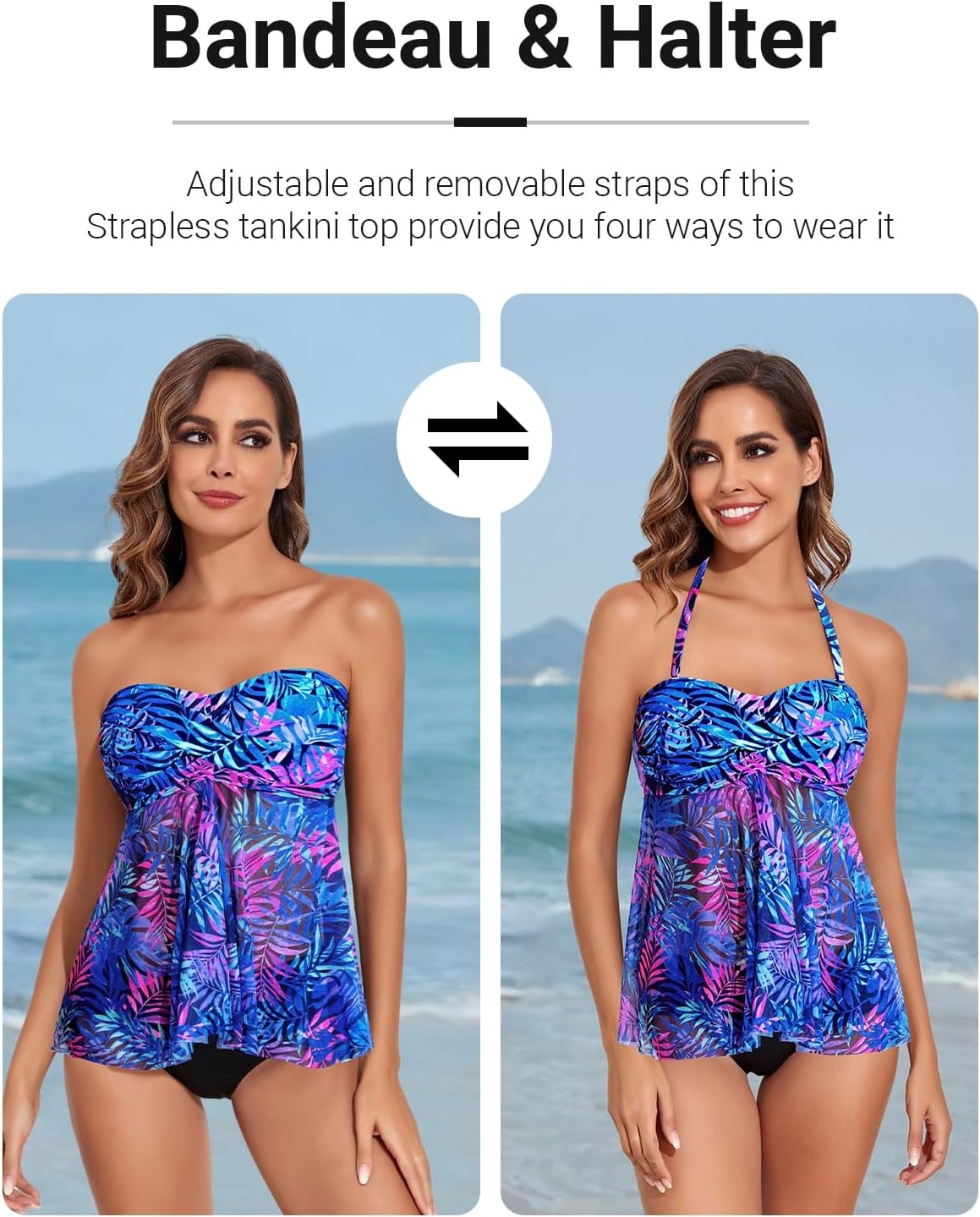 Talisea Women Bandeau Tankini Top Only Mesh Strapless Swimsuits Top Halter Flyaway Bathing Suits No Bottom(Purple Leaves)