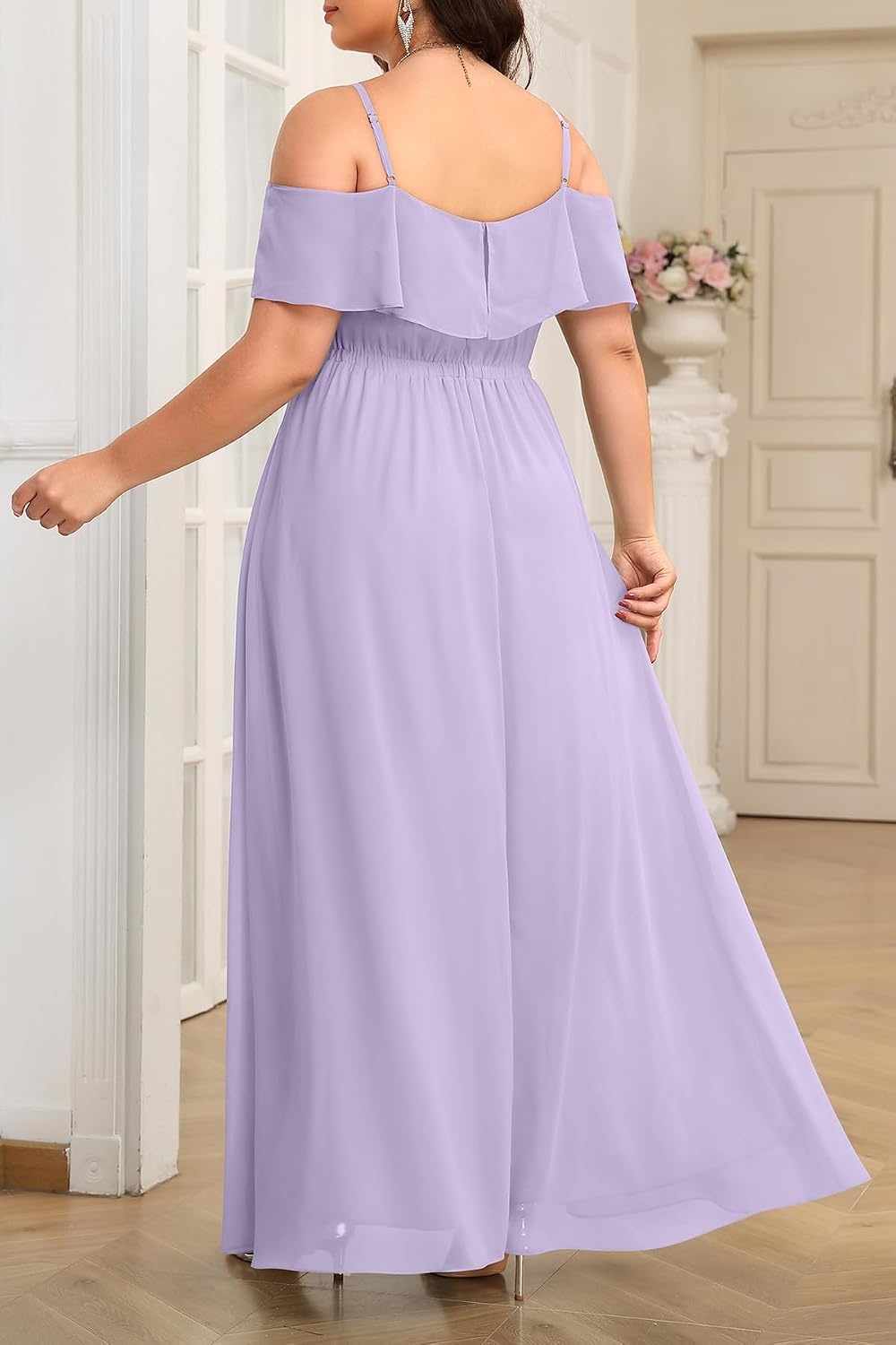 Plus Size Formal Dresses Off Shoulder Chiffon High Slit Ruffle Wedding | Off Shoulder / Chiffon / High Slit Ruffle / Elegant Formal Dress / Wedding Guest Bridesmaid Prom Evening Party(Lavender)