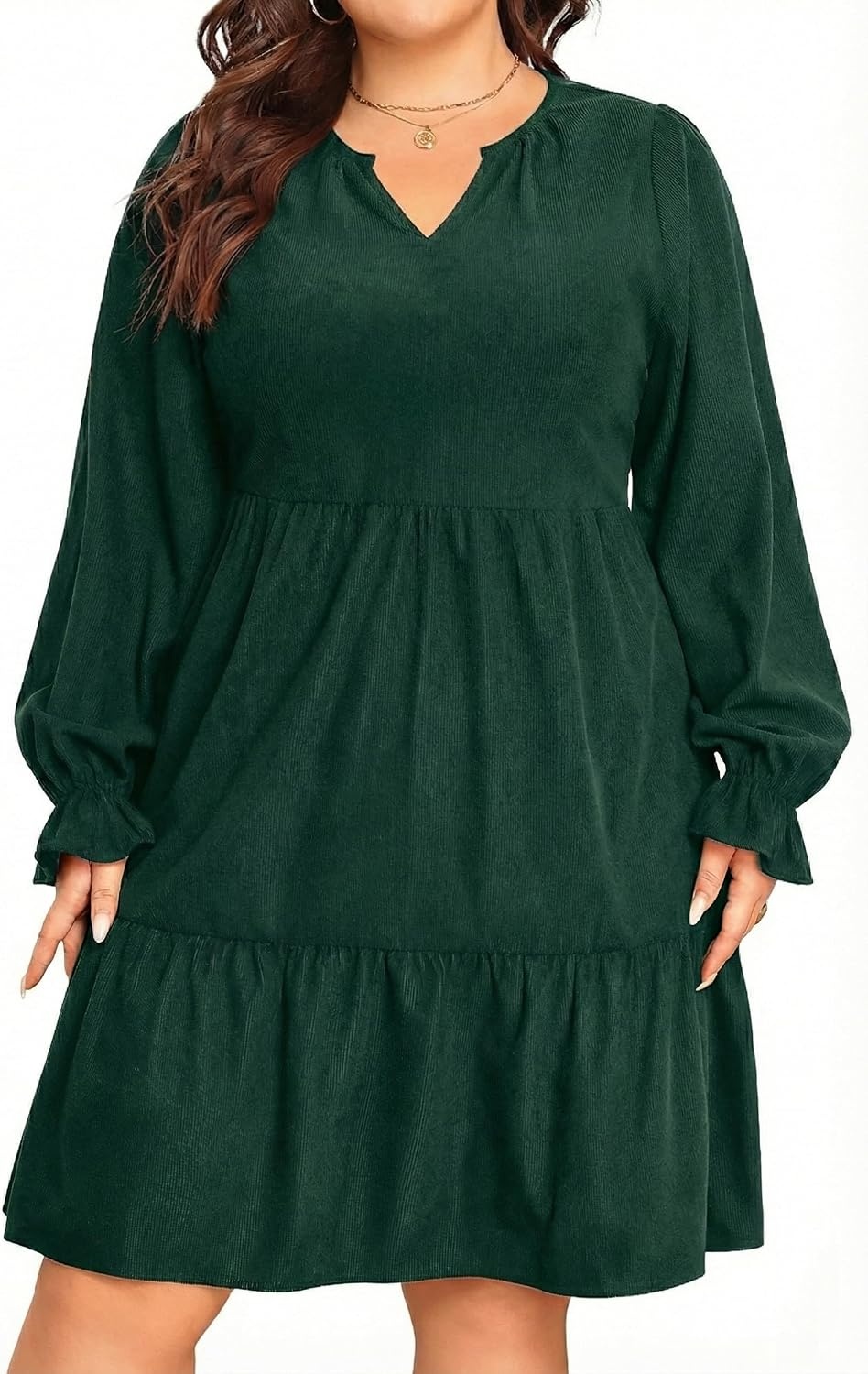 Talisea Plus Size Fall Dresses Casual Long Sleeve Corduroy Tunic V Neck Loose Flowy Ruffle A Line Tiered Short Babydoll Dress(Dark Green)
