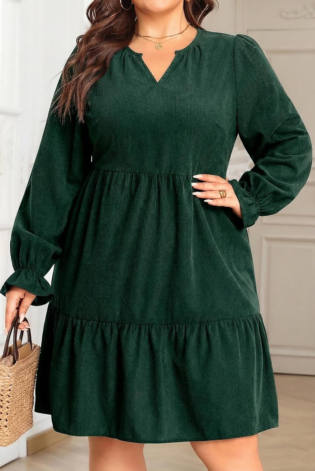 Talisea Plus Size Fall Dresses Casual Long Sleeve Corduroy Tunic V Neck Loose Flowy Ruffle A Line Tiered Short Babydoll Dress(Dark Green)