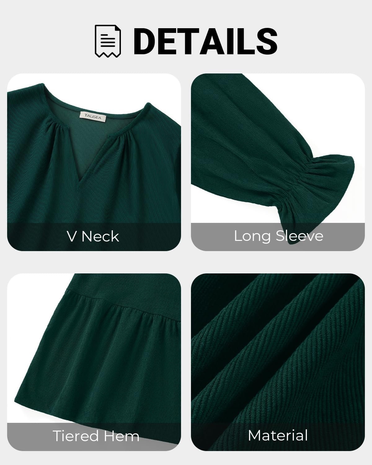 Talisea Plus Size Fall Dresses Casual Long Sleeve Corduroy Tunic V Neck Loose Flowy Ruffle A Line Tiered Short Babydoll Dress(Dark Green)