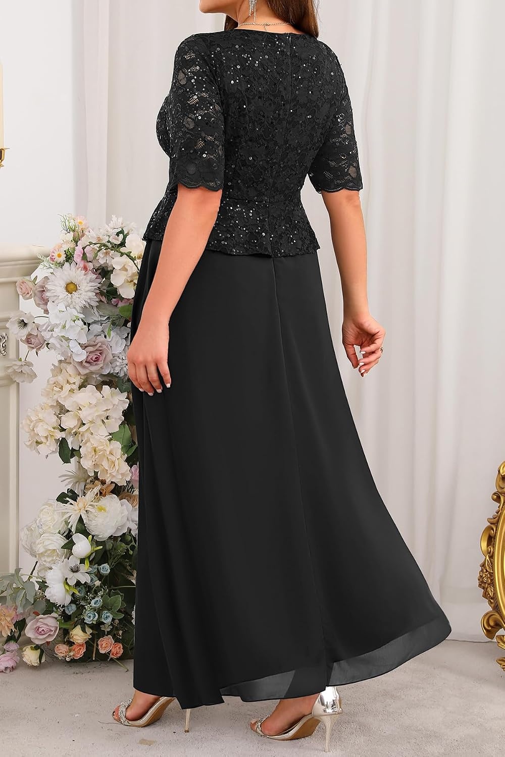 Plus Size Formal Dress – Sequin Lace Mother of The Bride Maxi Dress Women | Elegant formal maxi evening gown; sequin lace bodice; ideal for mother of the bride & wedding guests.(Black)
