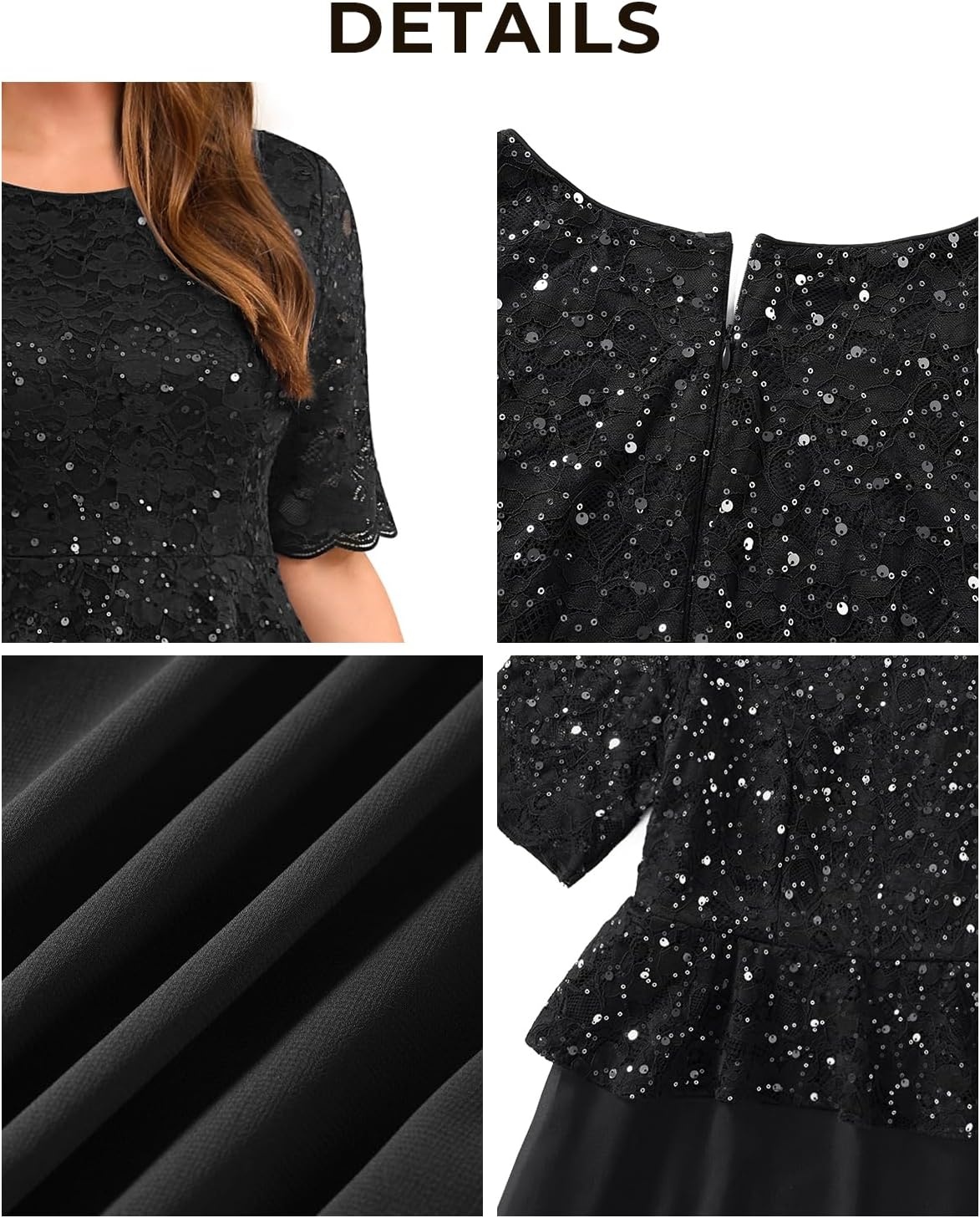 Plus Size Formal Dress – Sequin Lace Mother of The Bride Maxi Dress Women | Elegant formal maxi evening gown; sequin lace bodice; ideal for mother of the bride & wedding guests.(Black)