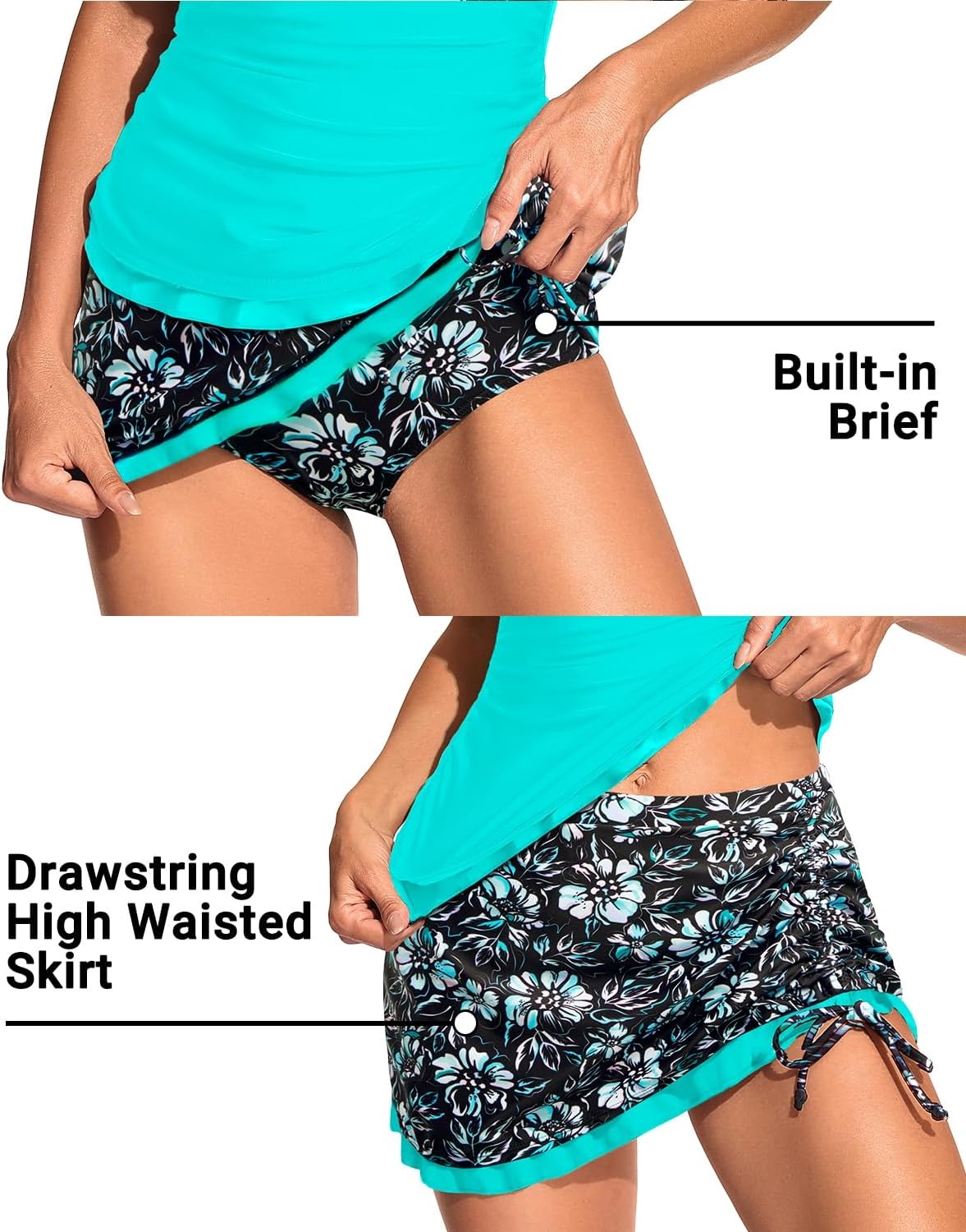 Talisea Womens Tankini Swimsuits with Skirt – Two Piece Bathing Suits V-Wire Tummy Control Drawstring Swimwear(Aqua and Floral)