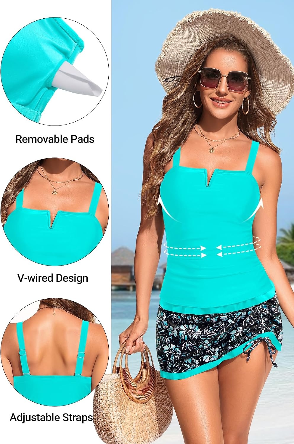 Talisea Womens Tankini Swimsuits with Skirt – Two Piece Bathing Suits V-Wire Tummy Control Drawstring Swimwear(Aqua and Floral)