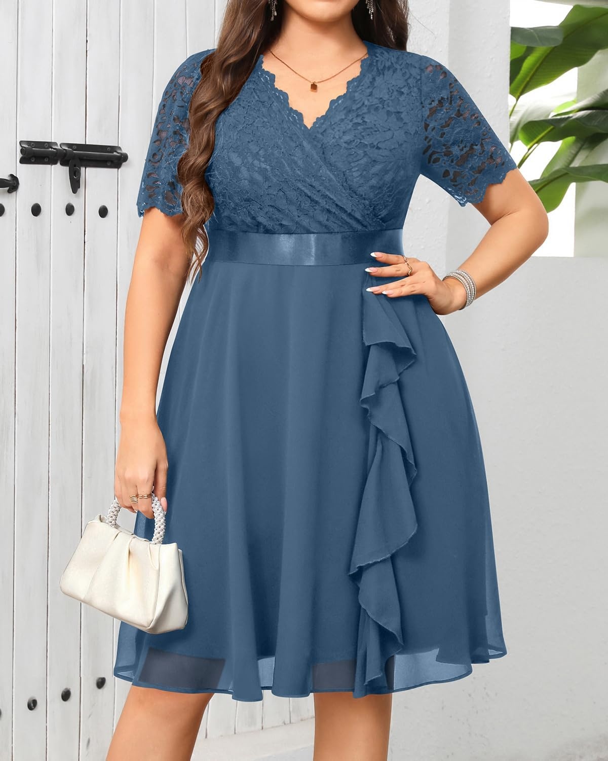 Talisea Plus Size Wedding Guest Lace Chiffon Ruffle Tea Length Dress | Delicate lace bodice / ruffle chiffon skirt / elegant V neck / tea length / light flowy movement(Grey Blue)