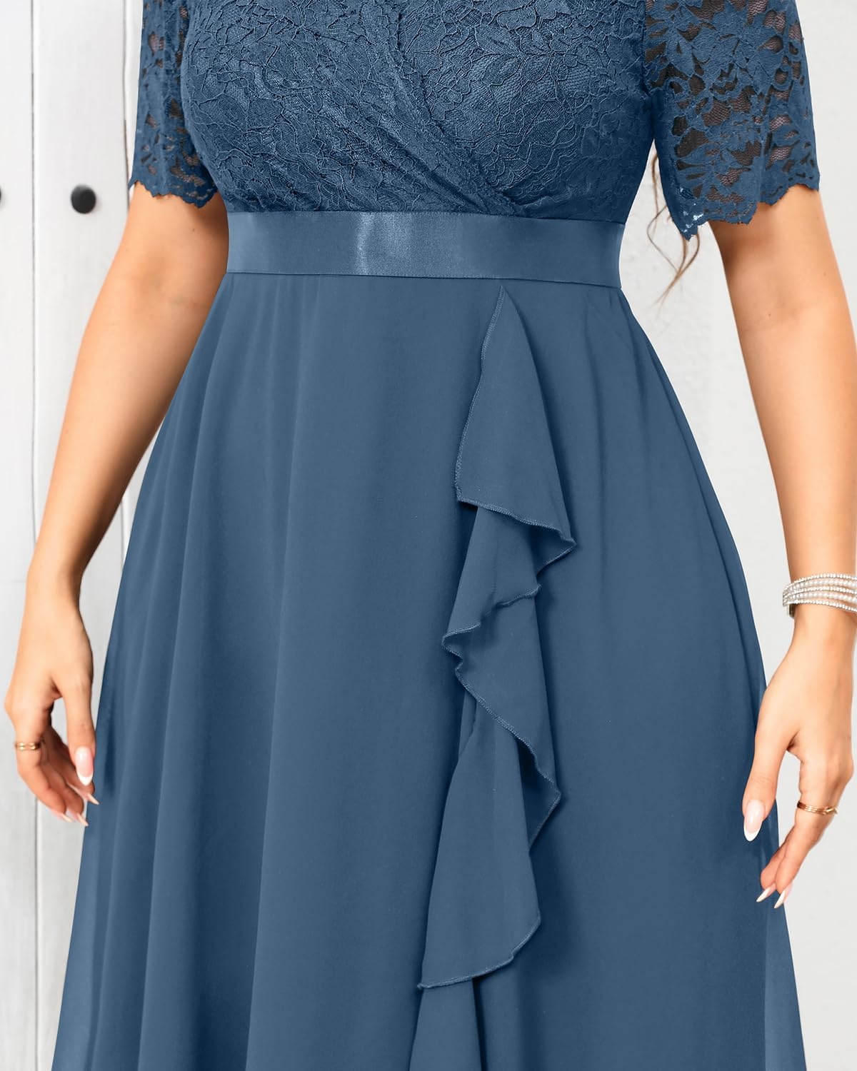 Talisea Plus Size Wedding Guest Lace Chiffon Ruffle Tea Length Dress | Delicate lace bodice / ruffle chiffon skirt / elegant V neck / tea length / light flowy movement(Grey Blue)