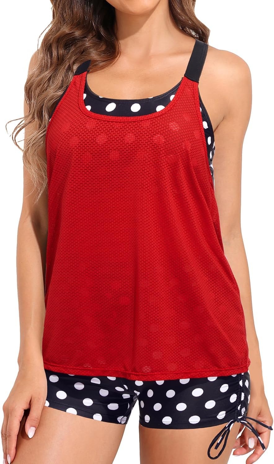 Two Piece Tankini with Shorts – Mesh Flowy Tummy Control Swimsuits | Layered Design for Full Coverage. Breathable Mesh Fabric to Keep Cool. High-Waisted Boyshorts with Extra Coverage(Red and Dot)