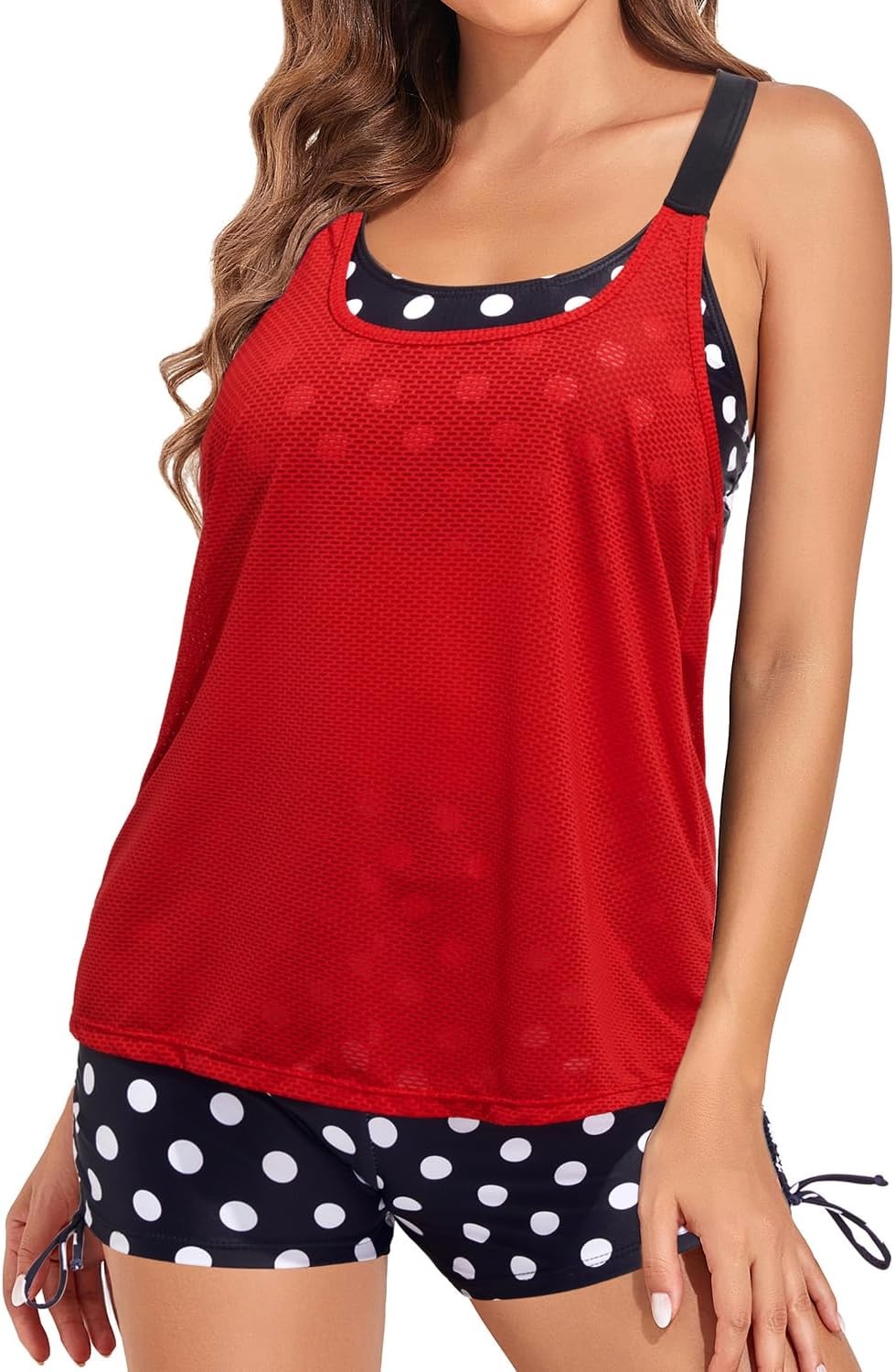 Two Piece Tankini with Shorts – Mesh Flowy Tummy Control Swimsuits | Layered Design for Full Coverage. Breathable Mesh Fabric to Keep Cool. High-Waisted Boyshorts with Extra Coverage(Red and Dot)