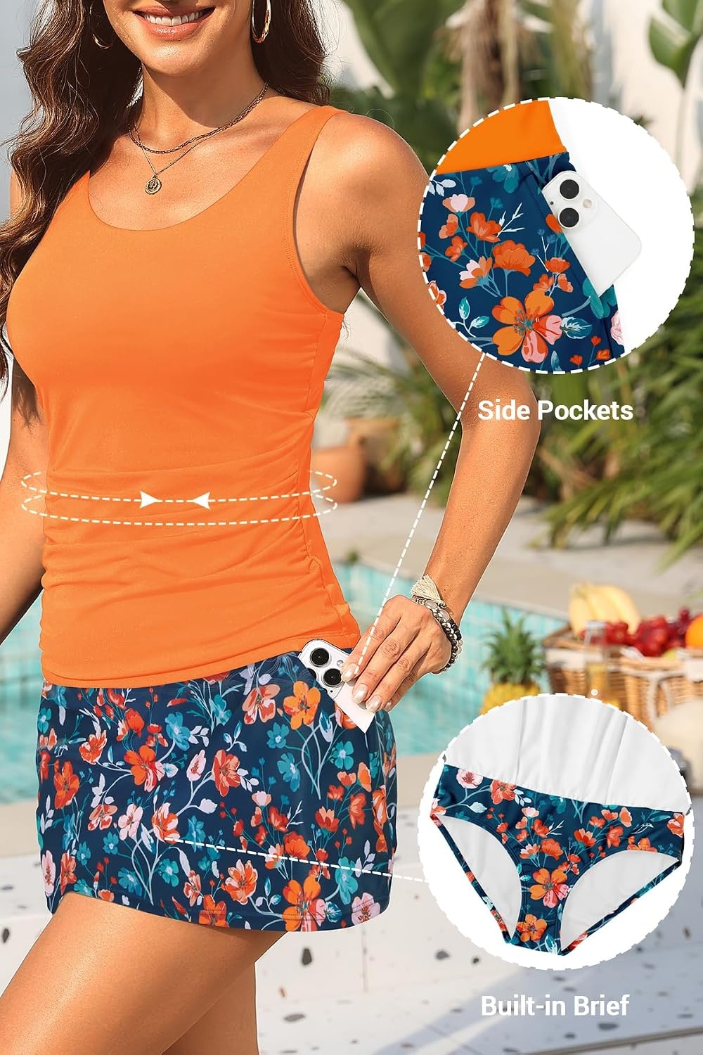Talisea Tankini Bathing Suits with Skirt – Womens Two Piece Swimsuits with Pockets Tummy Control Modest Swimwear 2026(Orange Floral)
