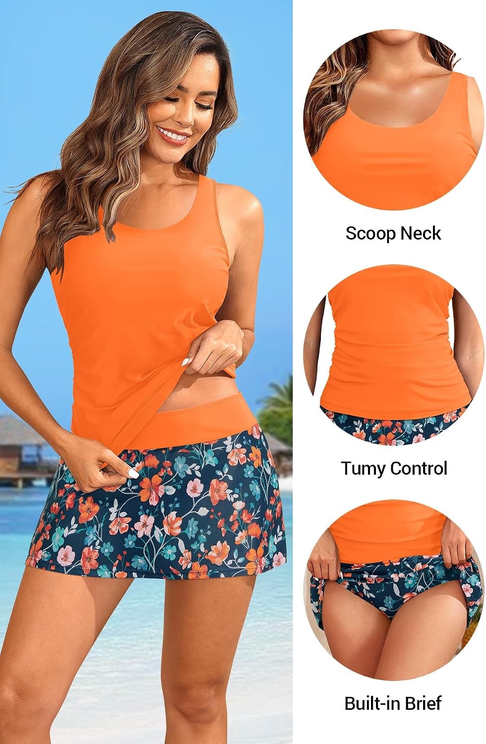 Talisea Tankini Bathing Suits with Skirt – Womens Two Piece Swimsuits with Pockets Tummy Control Modest Swimwear 2026(Orange Floral)