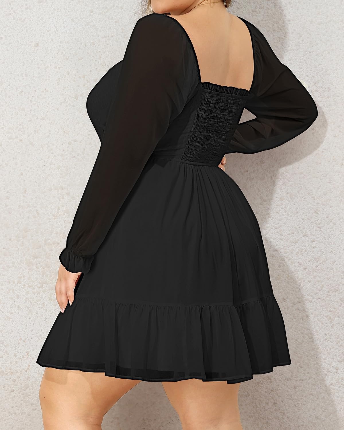 Talisea Plus Size Women’s Sweetheart Neckline Dress Smocked Short Summer Sundress Chiffon Mini Cute Graduation Dresses(Black Long Sleeve)