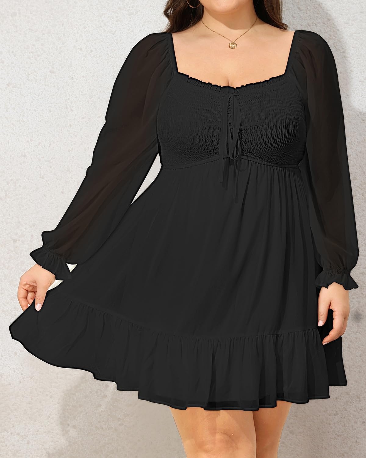 Talisea Plus Size Women’s Sweetheart Neckline Dress Smocked Short Summer Sundress Chiffon Mini Cute Graduation Dresses(Black Long Sleeve)