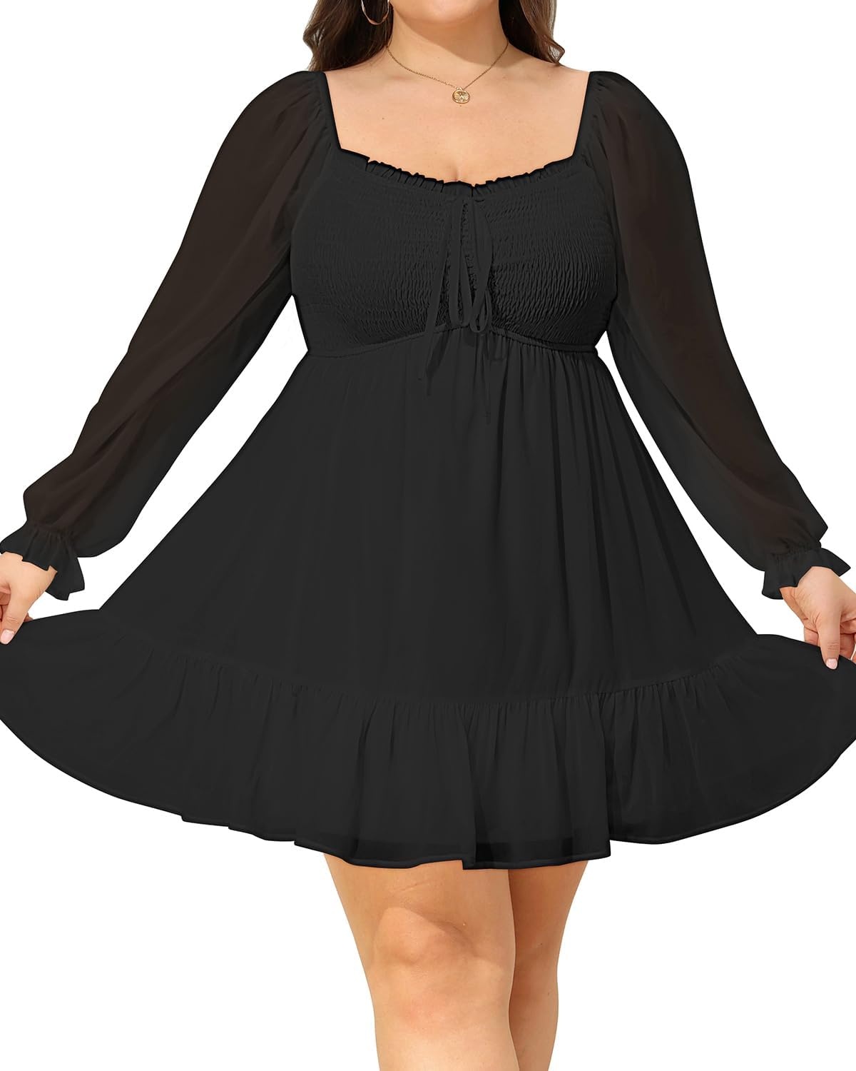 Talisea Plus Size Women’s Sweetheart Neckline Dress Smocked Short Summer Sundress Chiffon Mini Cute Graduation Dresses(Black Long Sleeve)