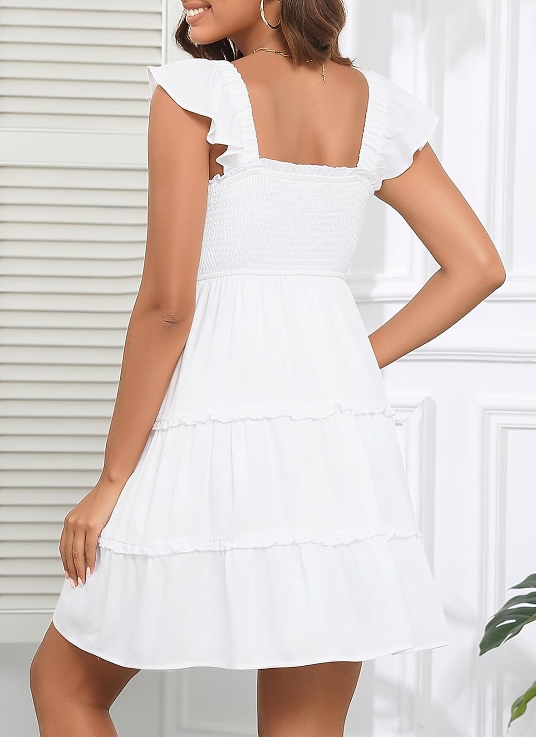 Talisea Women’s Smocked Summer Dress – Ruffle Strap Square Neck Tiered Casual Flowy A-Line Graduation Teen Beach Sundress(White)